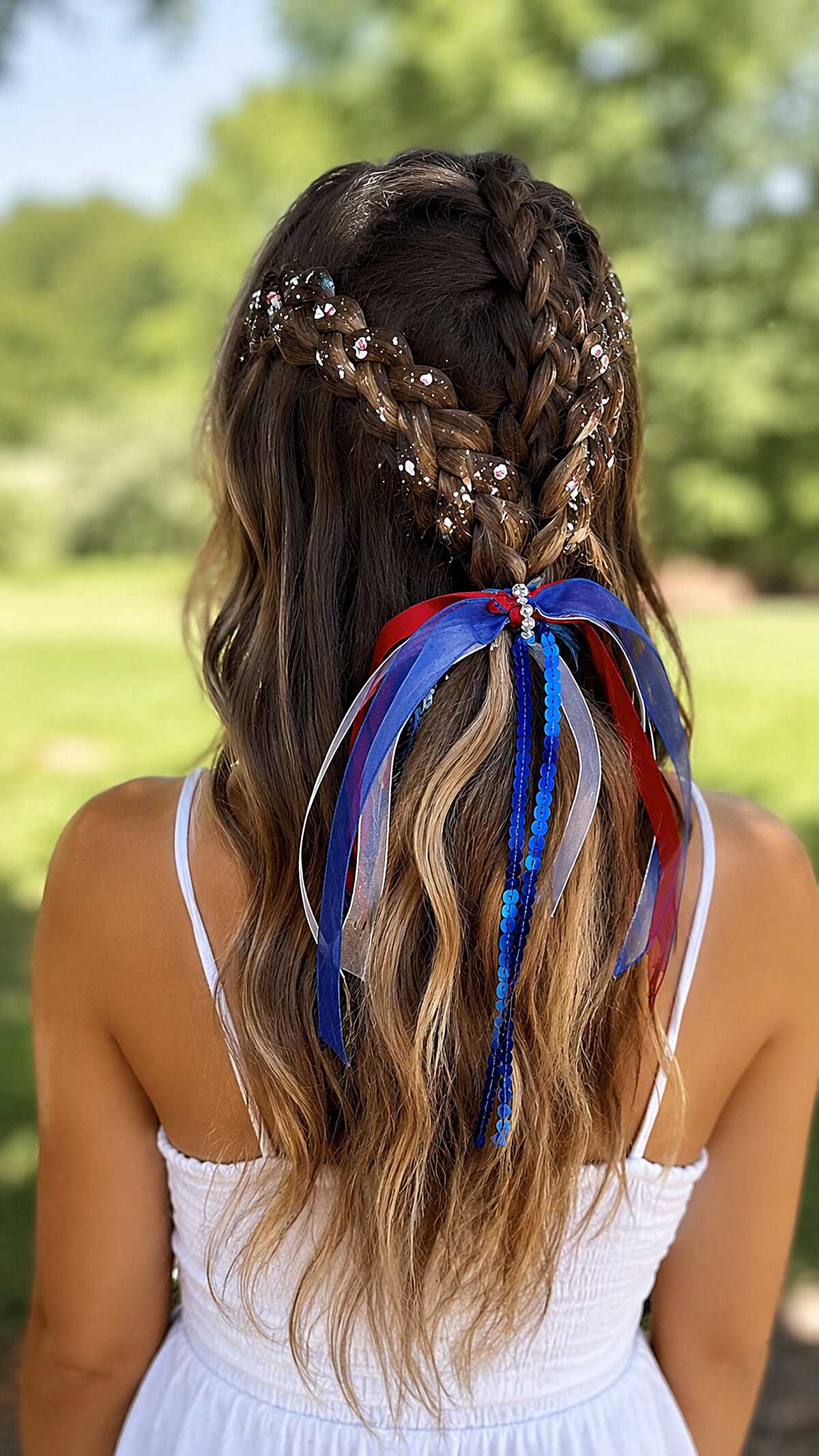 Glitter-Dusted Double Braids with Cascading Ribbon Streamers