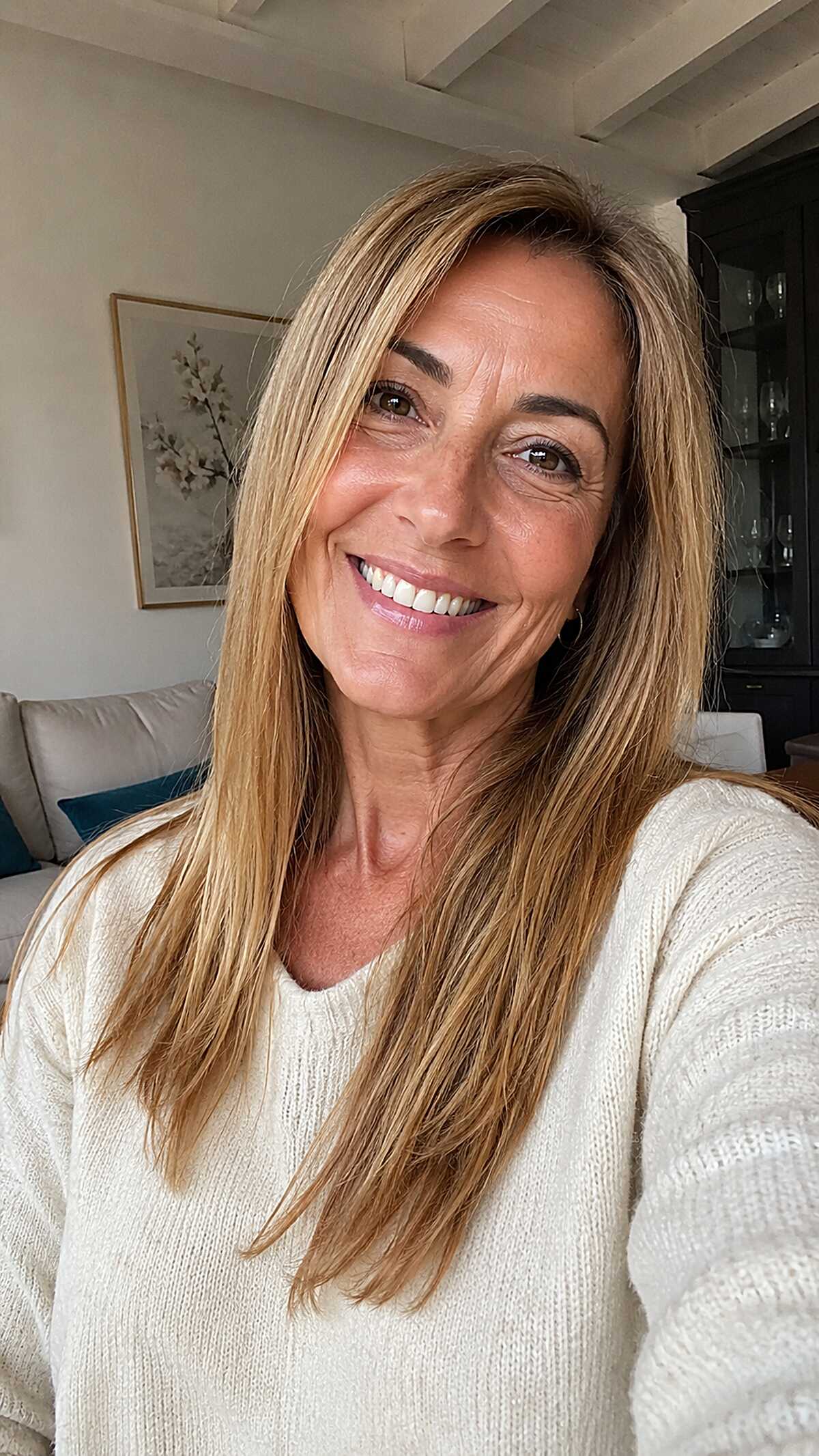 Golden Wheat Highlights on Straight, Below-the-Shoulder Length