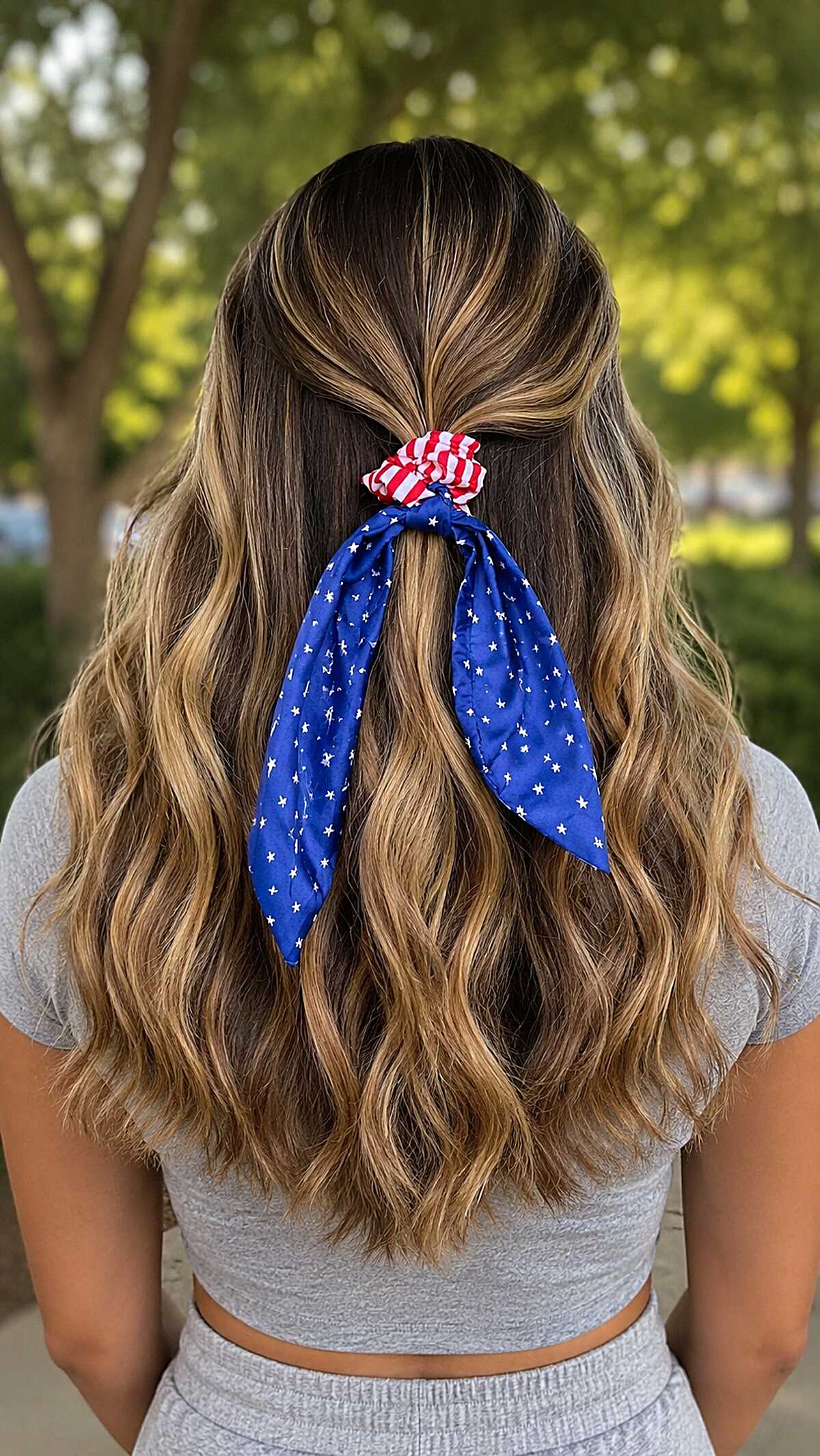 Half-Up Balayage Waves with Stars and Stripes Scrunchie Scarf