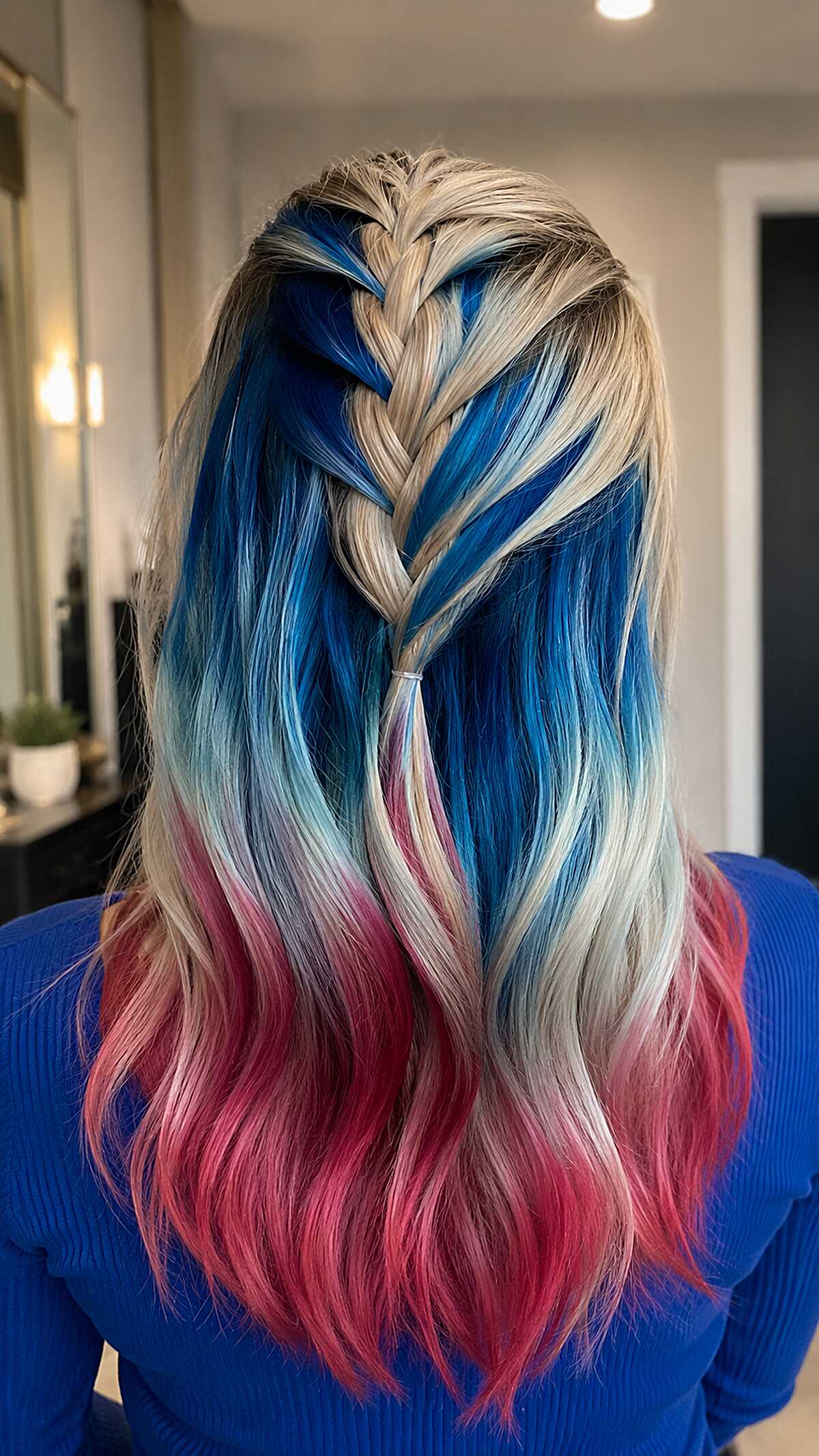 Half-Up Fishtail with Blocked Blue and Red Color Melt