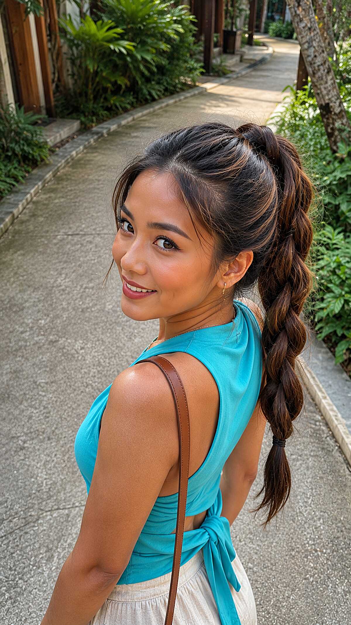High bubble braid ponytail on brown hair with loose wisps