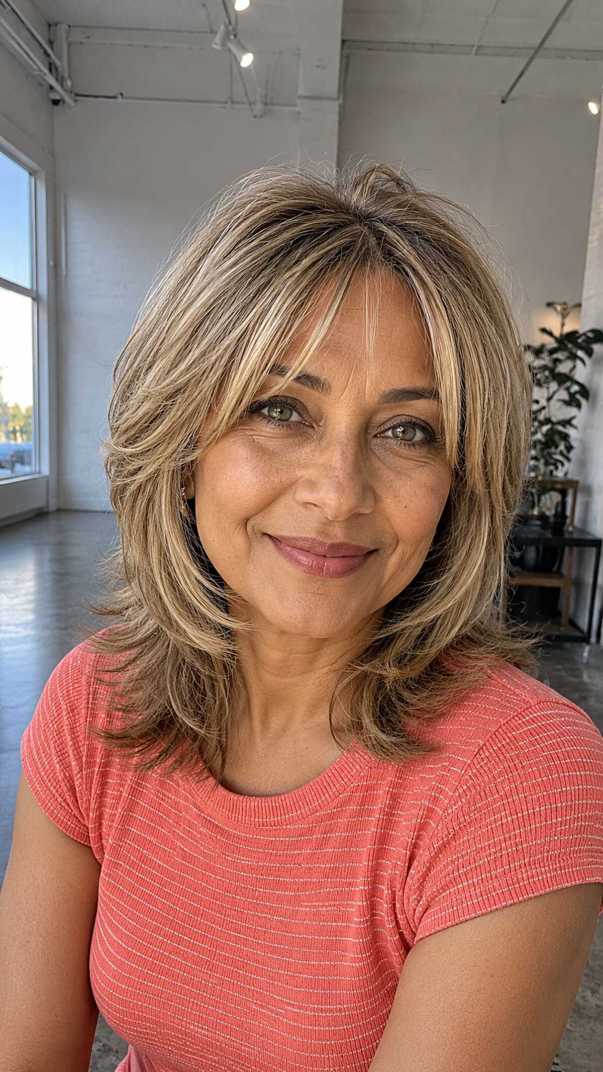 Medium layered cut with blonde highlights and side fringe