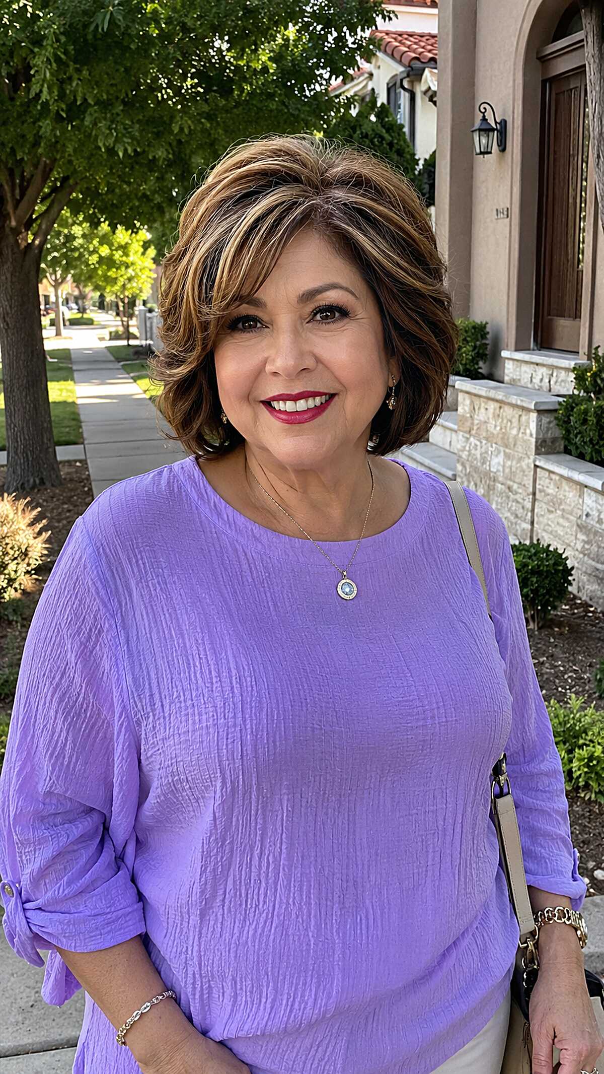 Short highlighted layered bob with full body and volume