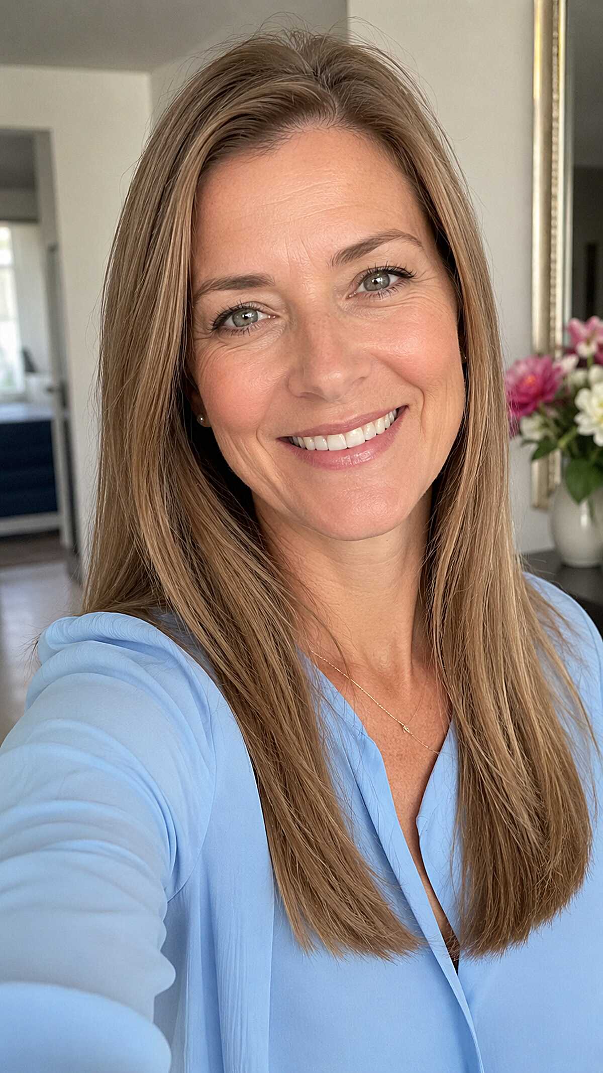 Honey Blonde Long Layers with a Center-Leaning Part