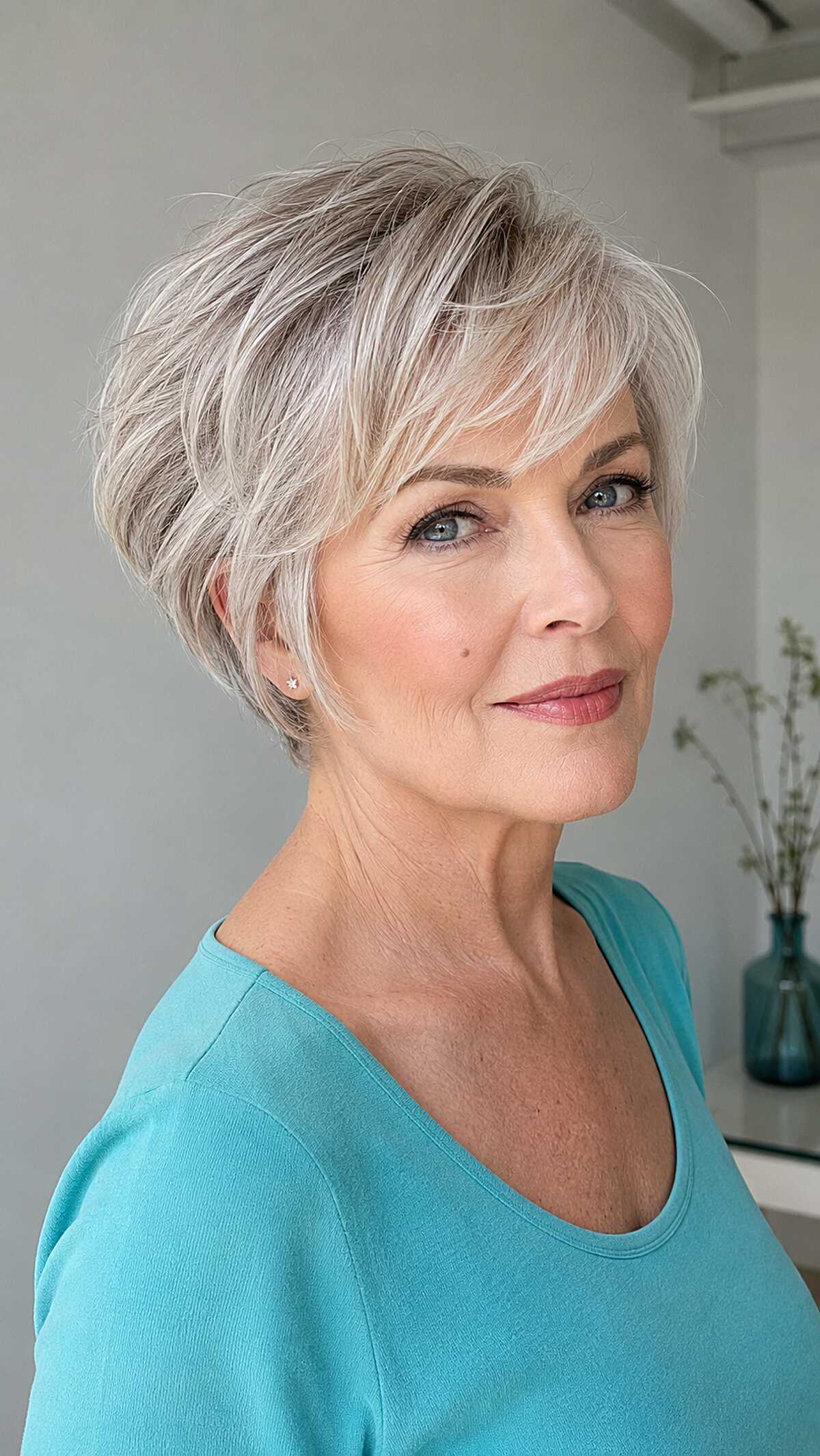 Icy platinum layered pixie with long side-swept fringe