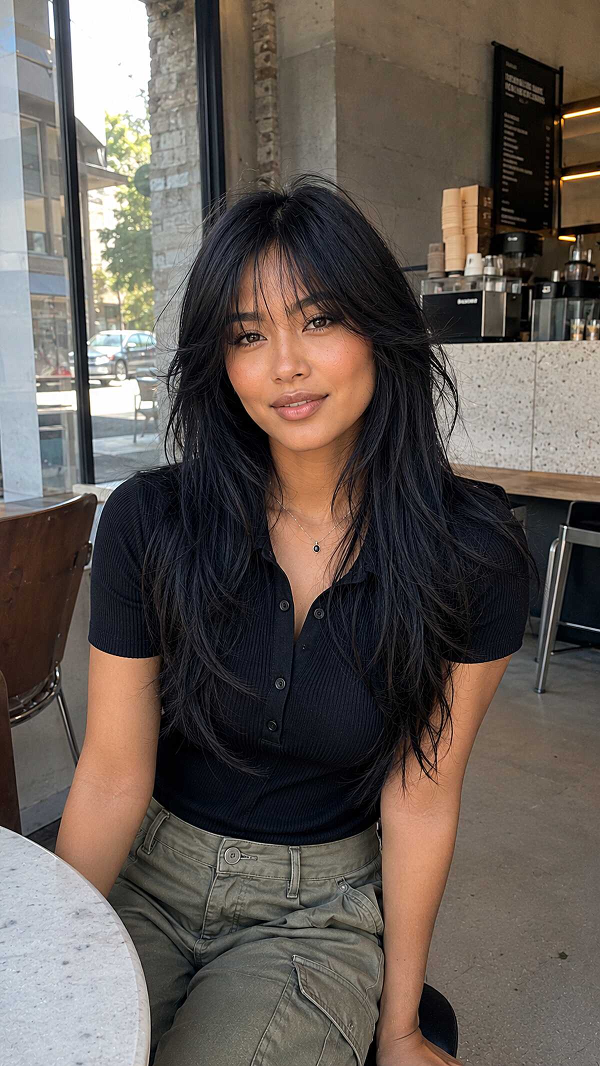 Jet black long shag with choppy layers and bangs