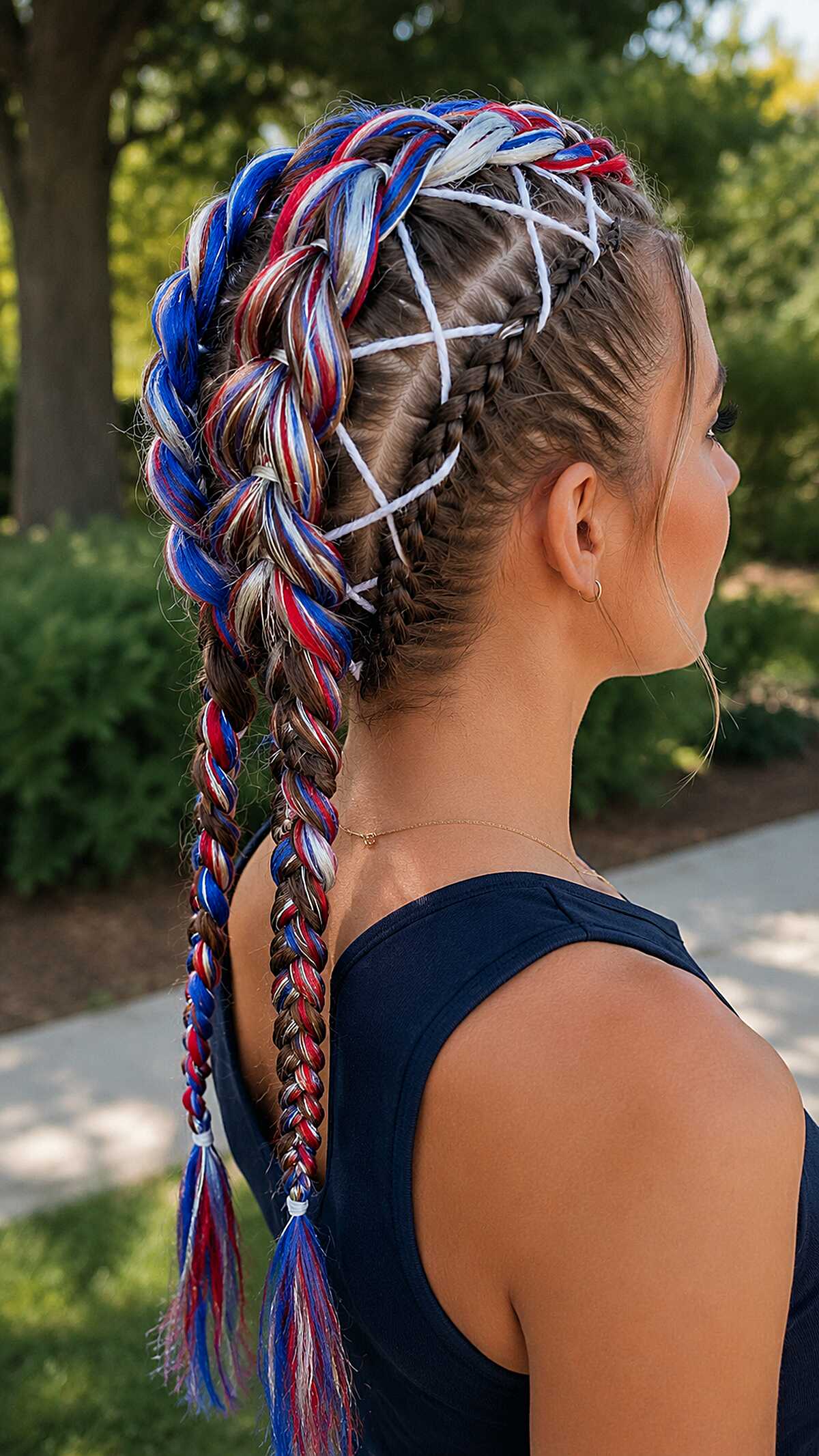 Laced Cornrows with Tricolor Braiding Hair into a Merged Ponytail