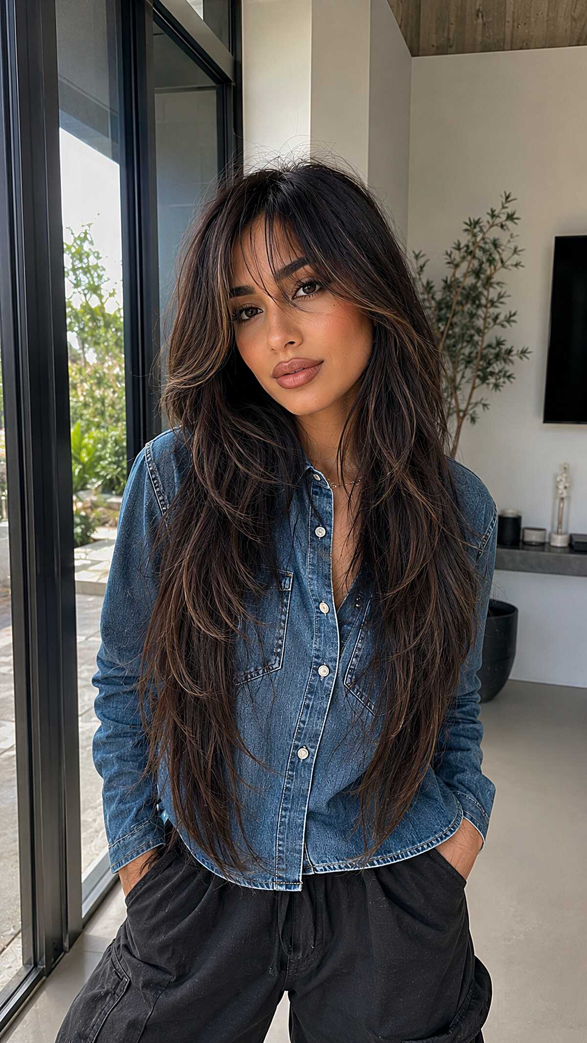 Long dark brown shaggy layers with thick curtain bangs