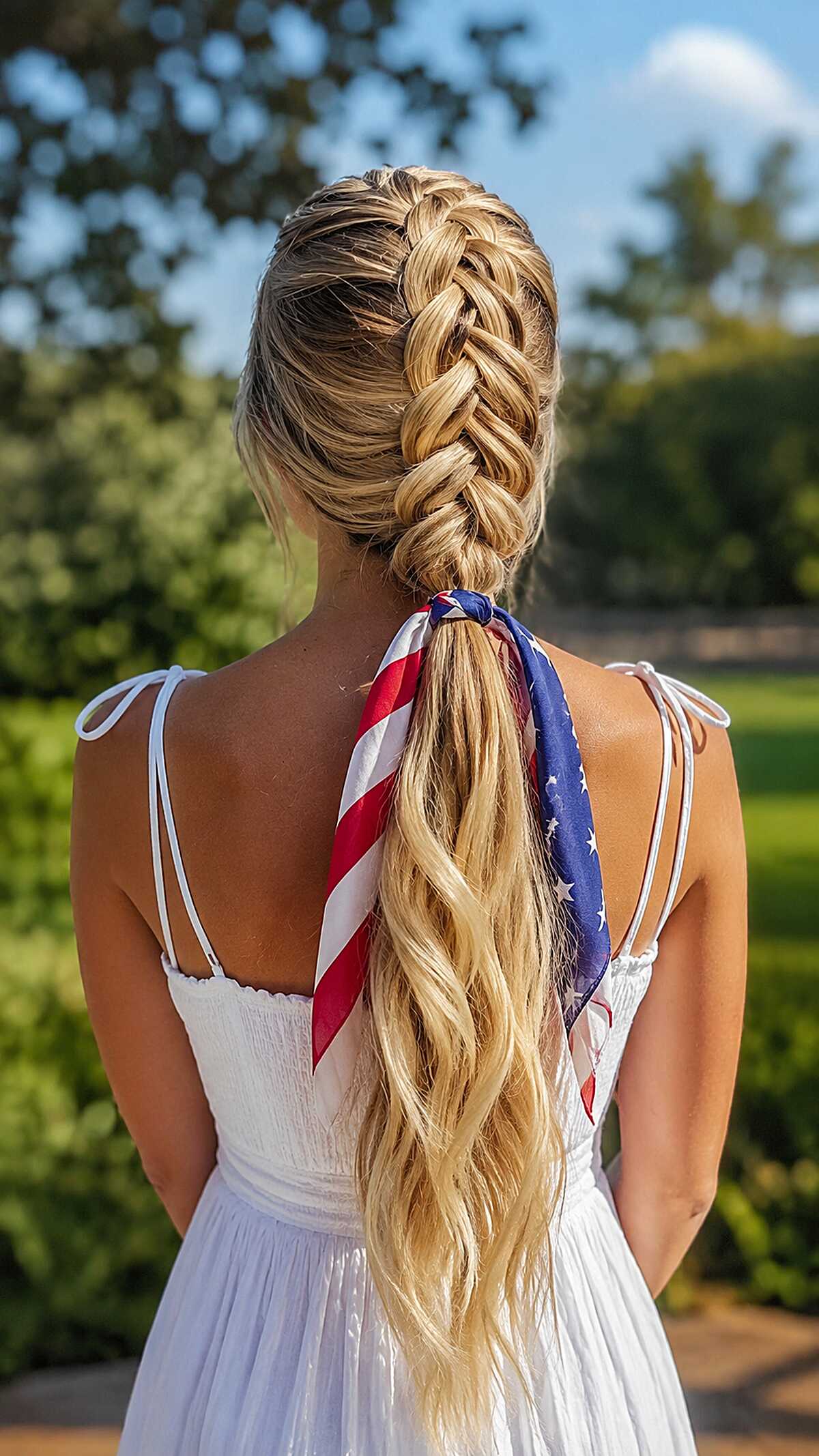 Loose French Braid Ponytail with Flag Scarf Tie