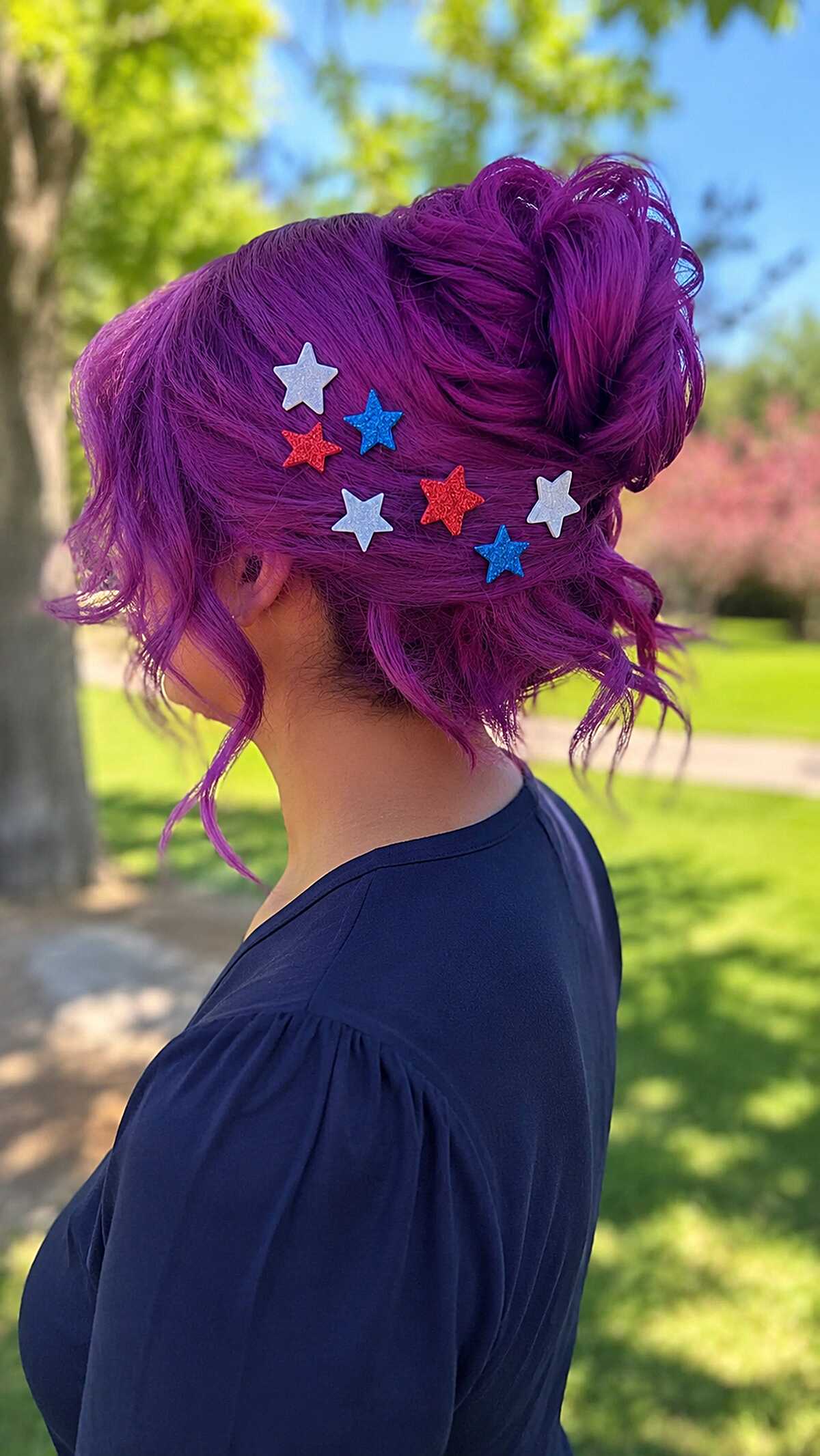 Messy Magenta Updo with Glitter Star Clips
