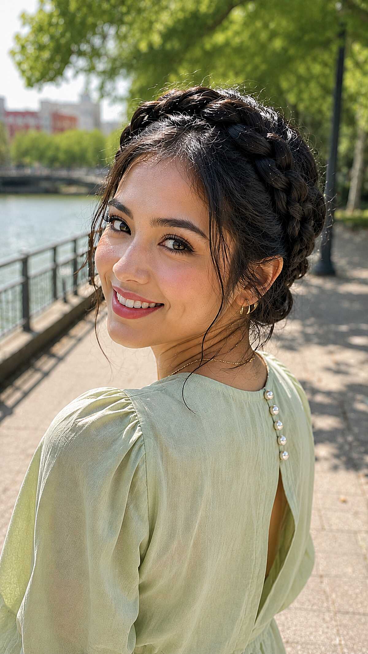 Milkmaid crown braid updo with soft face-framing wisps