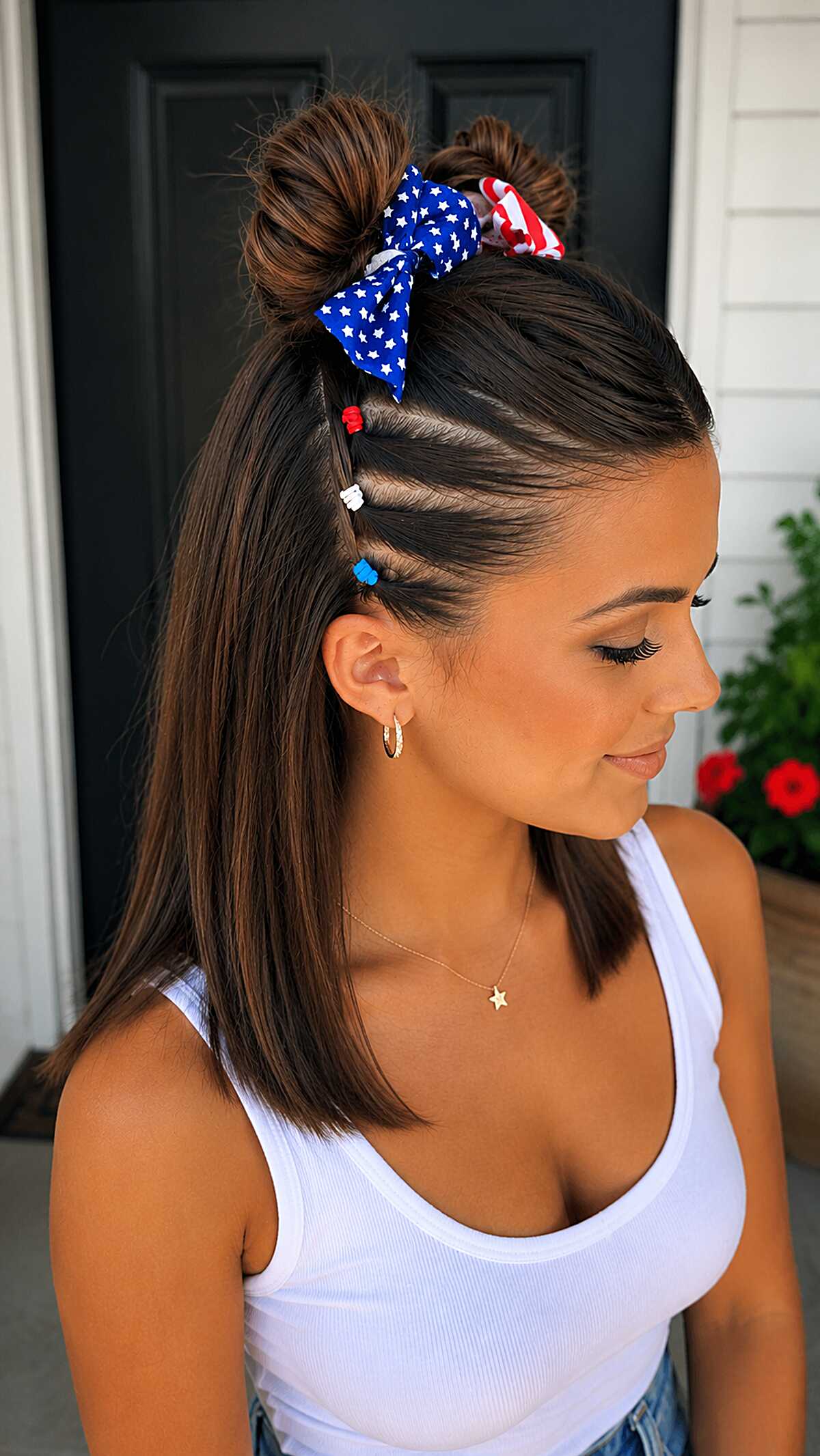 Mohawk Pull-Through Top Knot with Patriotic Bow and Color-Pop Elastics