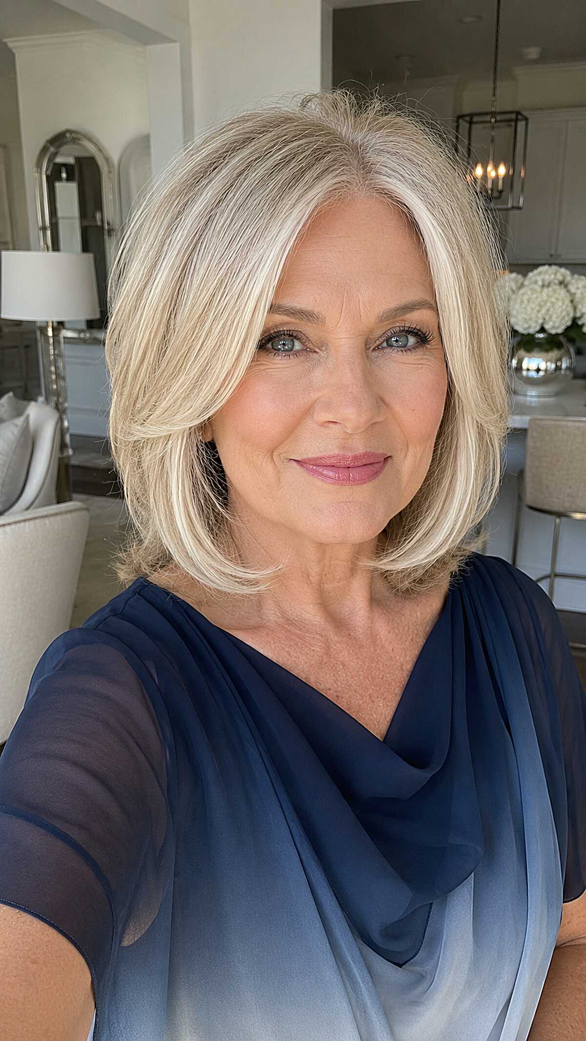 Platinum blonde layered bob with face-framing sweep