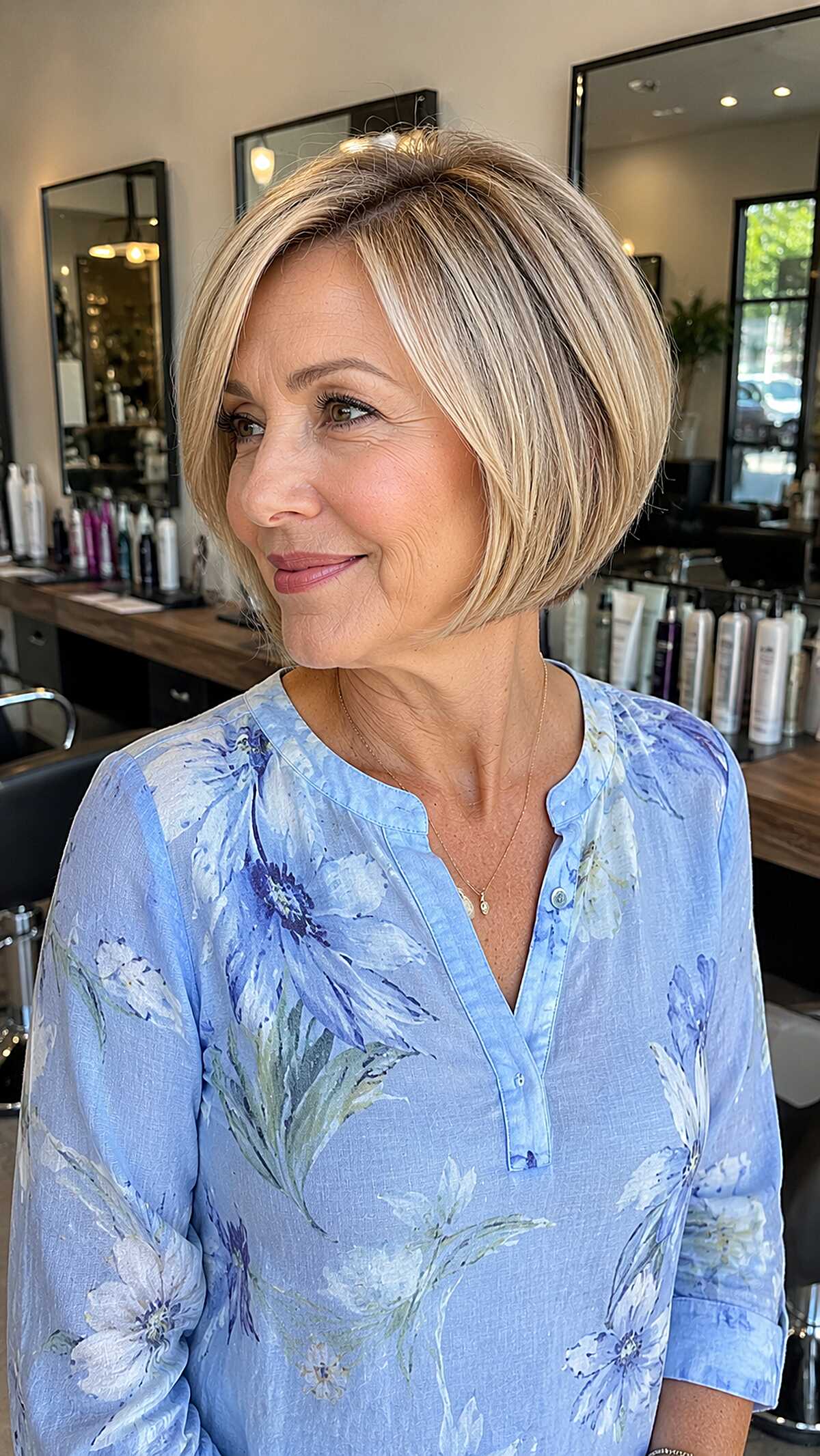 Polished chin-length blonde bob with seamless highlights
