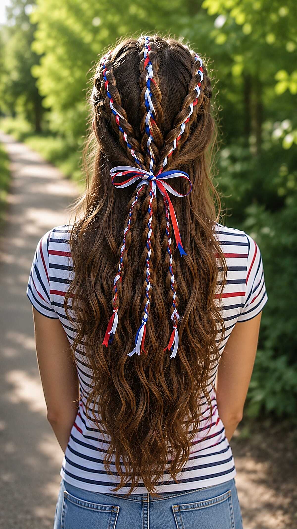 Ribbon-Woven Half-Up Braids Tied with a Patriotic Bow