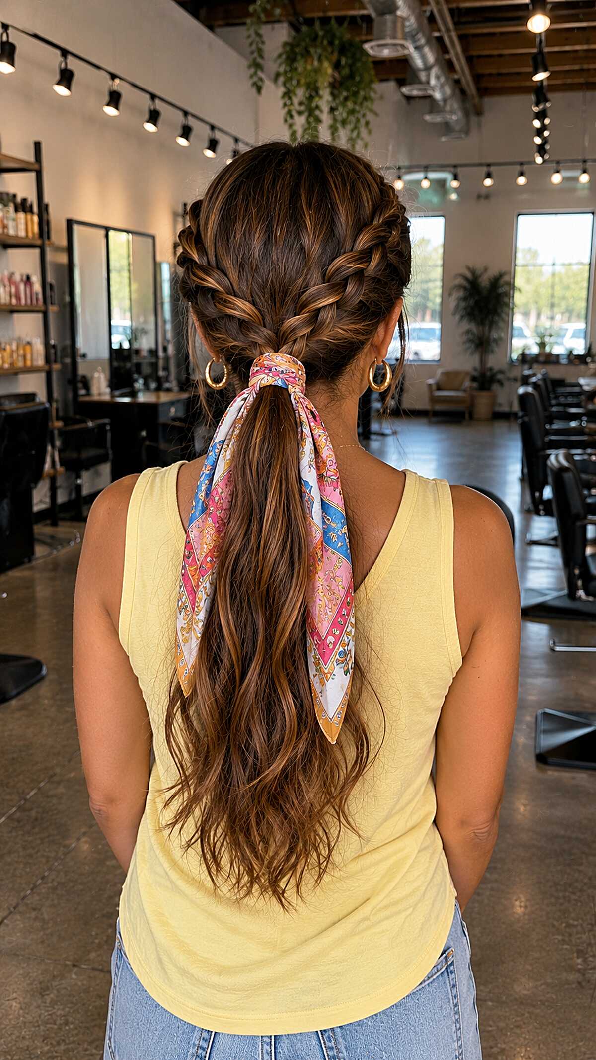 Two French braids into low ponytail with floral silk scarf