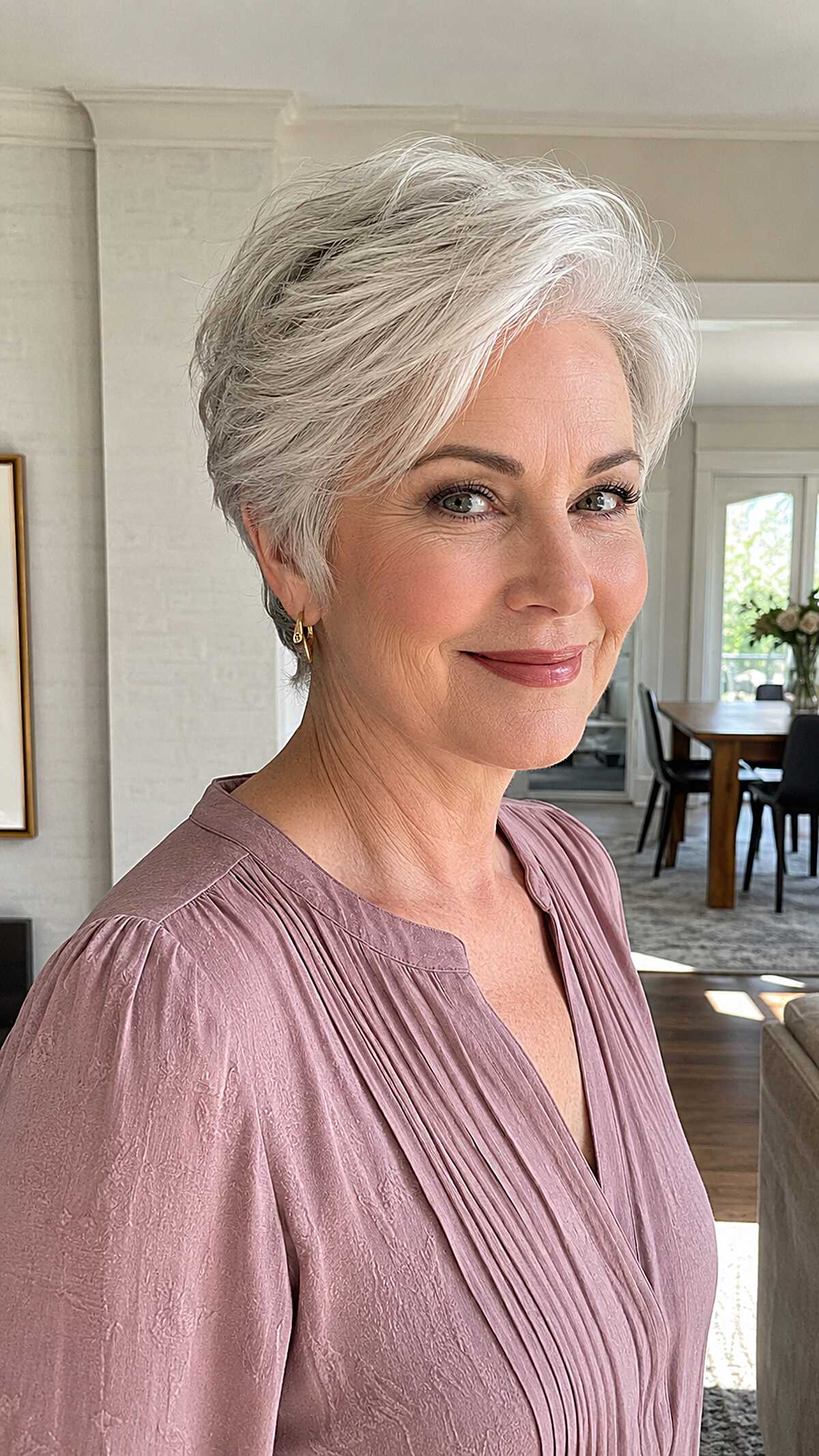 Silver white pixie cut with swept textured layers