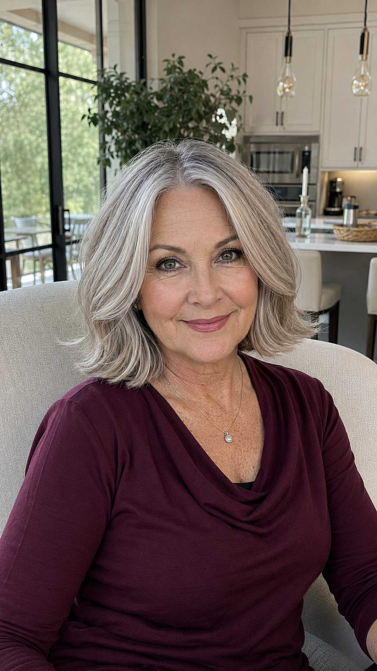 Silver wavy bob with curtain-parted face-framing layers