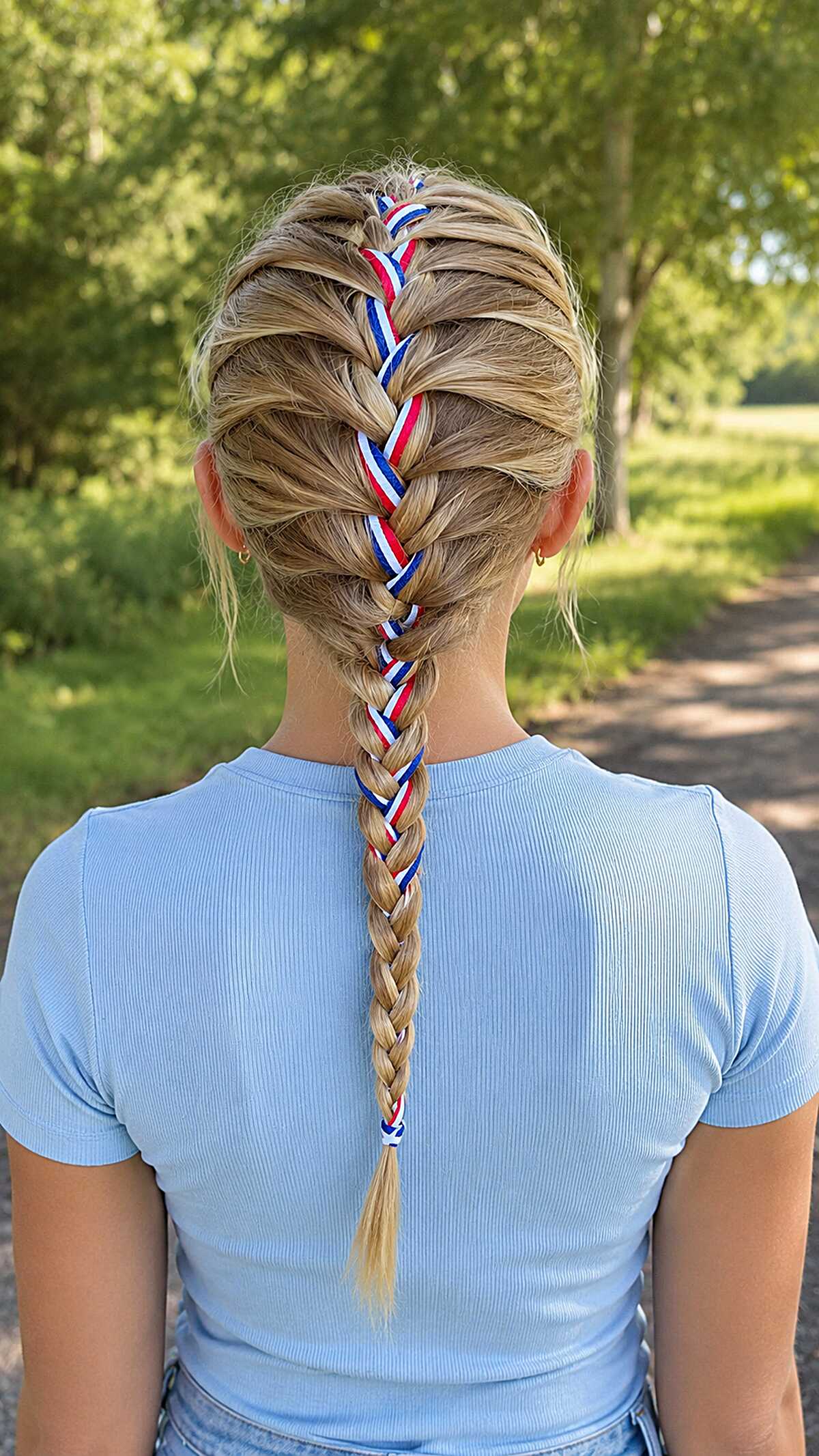 Single French Braid with Spiral Ribbon Threading