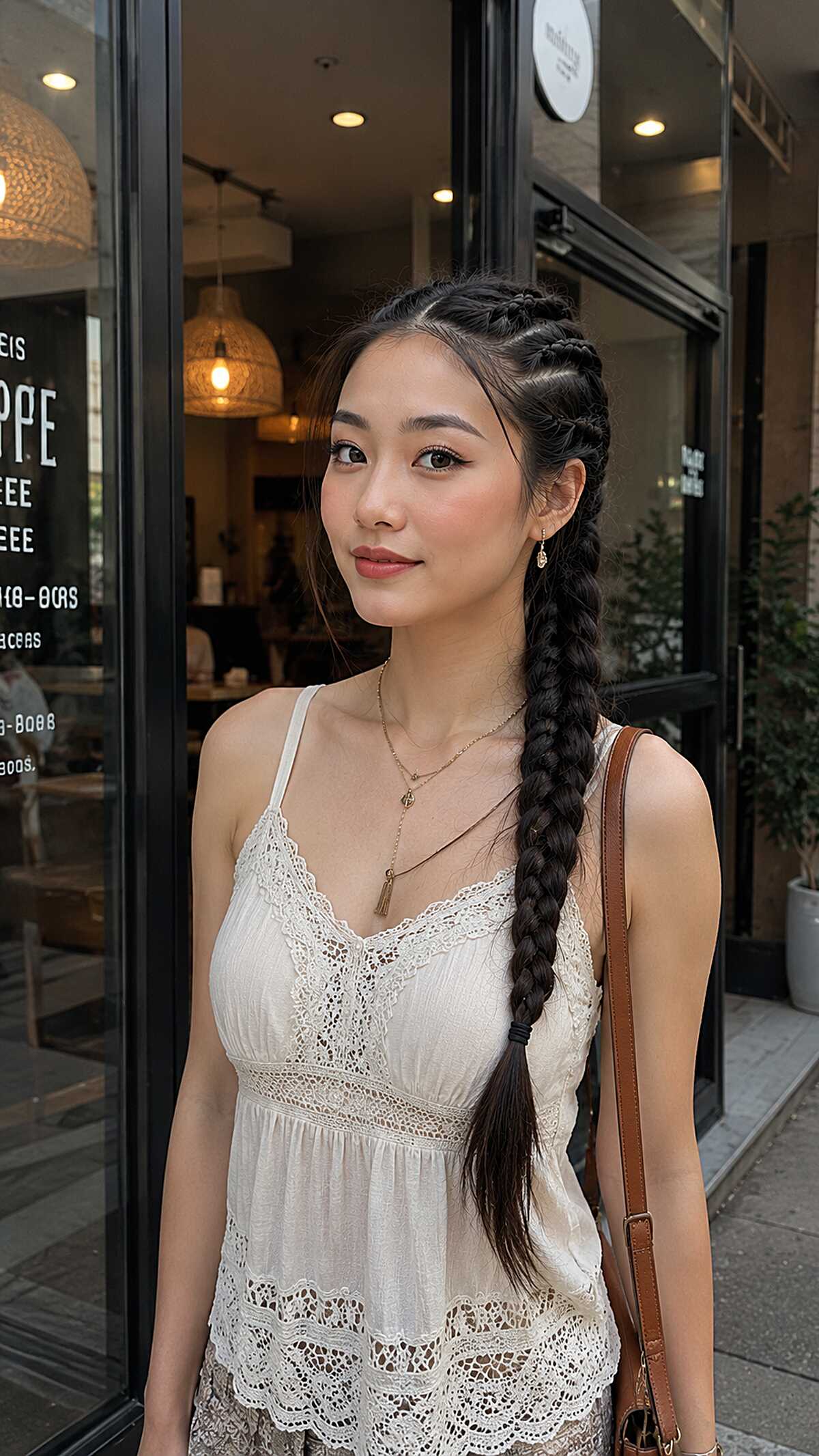 Long sleek side French braid on straight black hair
