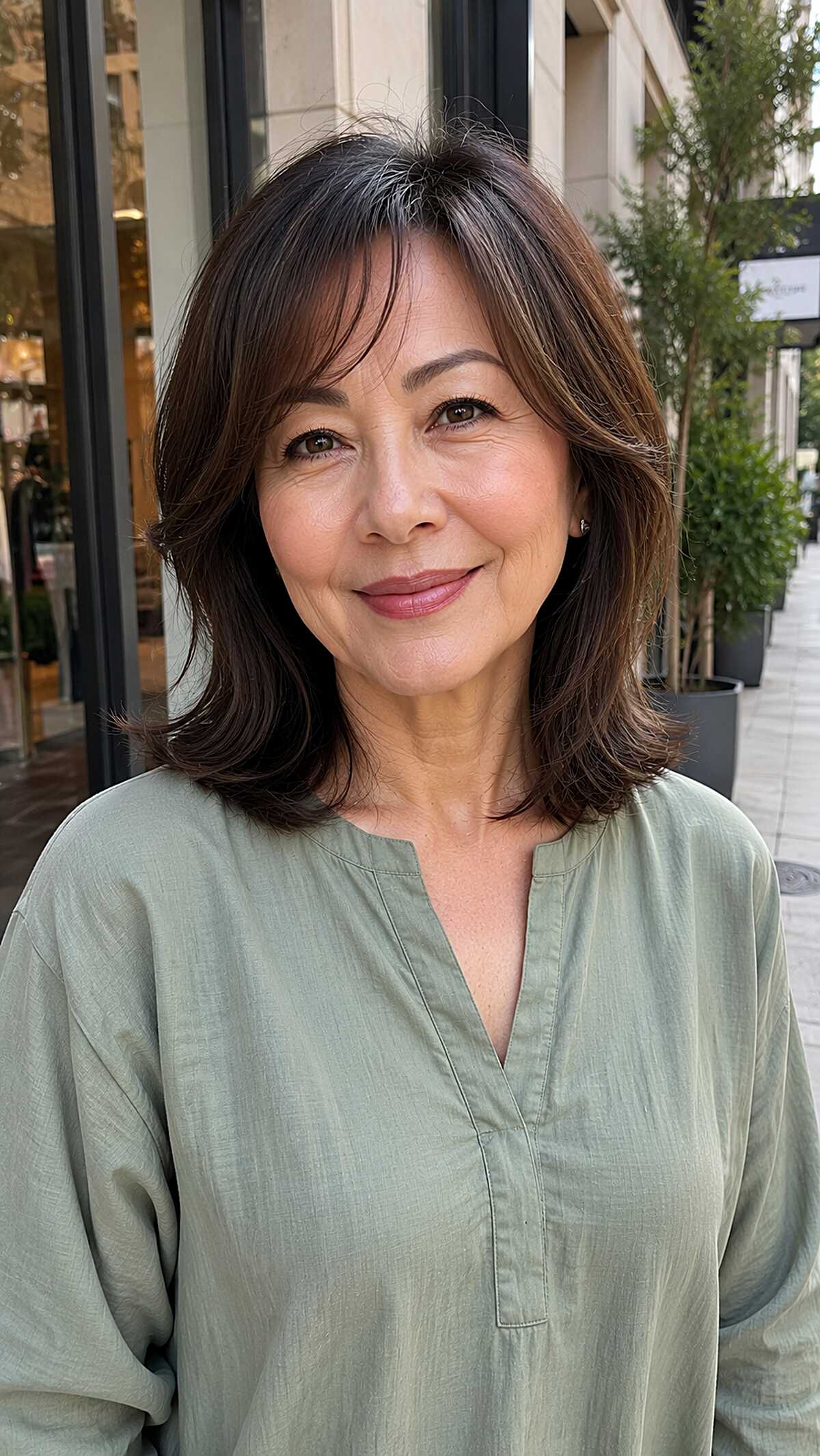 Medium brunette shag with wispy curtain bangs over 60