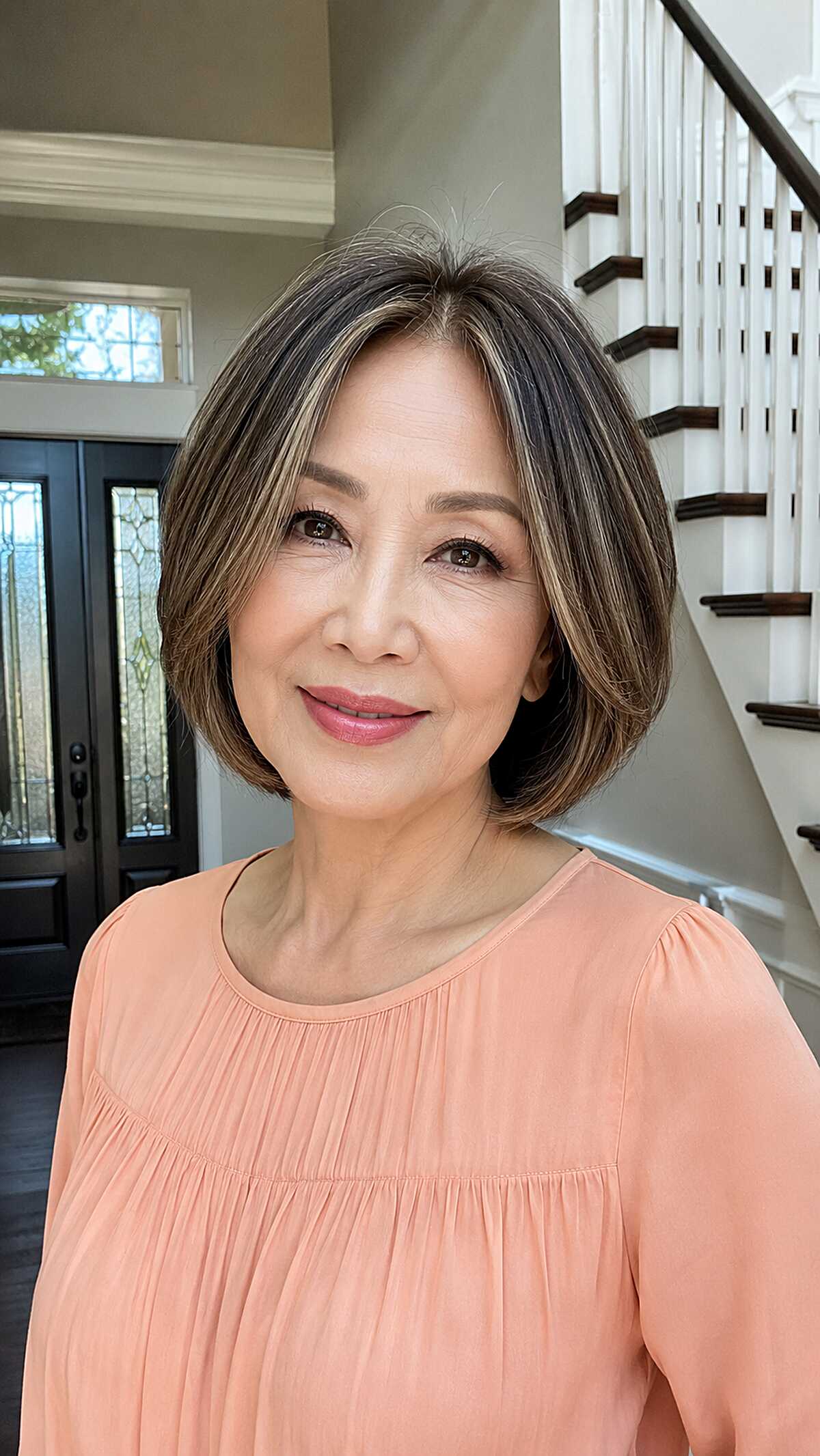 Chin-length bob with blended grey and brown tones