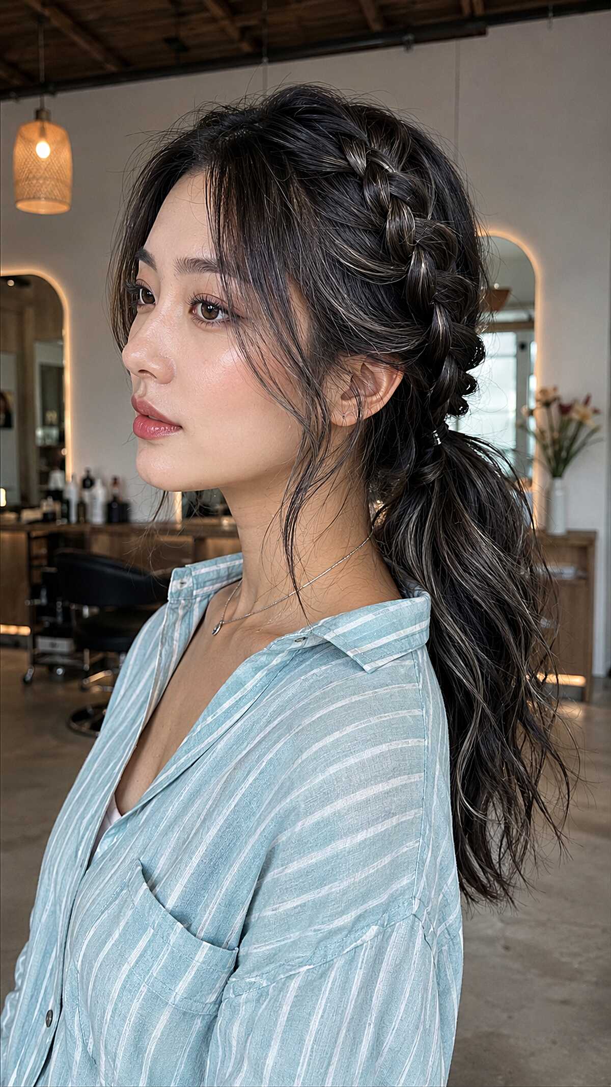 Side Dutch braid into messy low ponytail on black hair