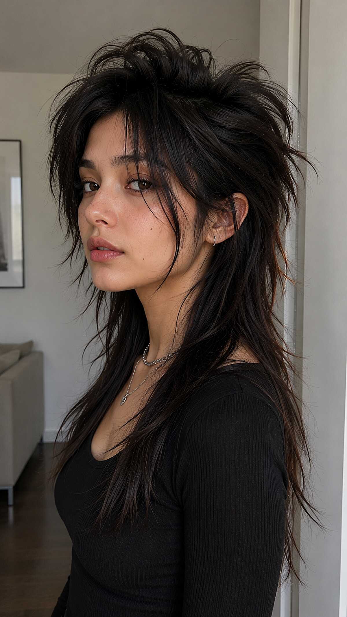 Black long mullet with spiked crown and choppy layers