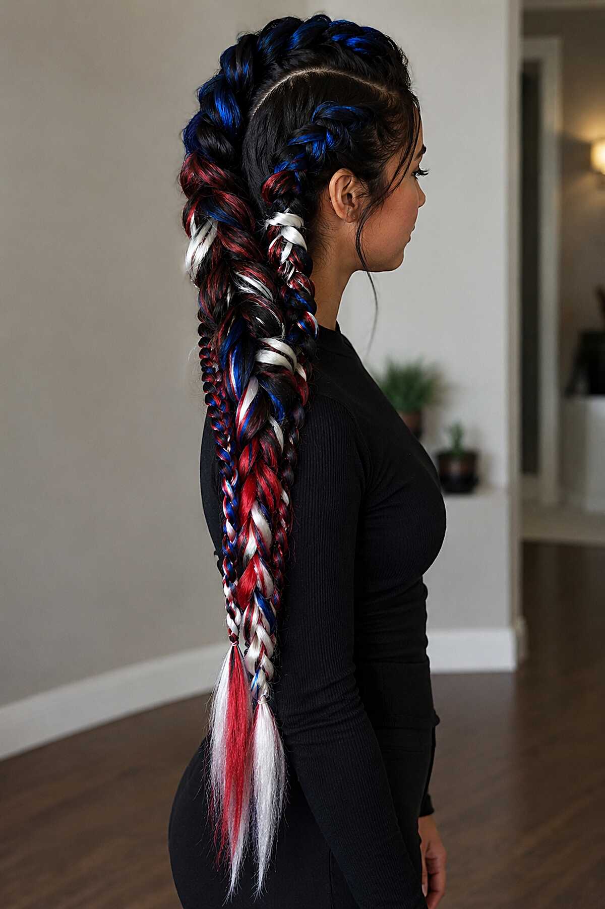 Stacked Dutch Braids with Red White and Blue Feed-In Extensions