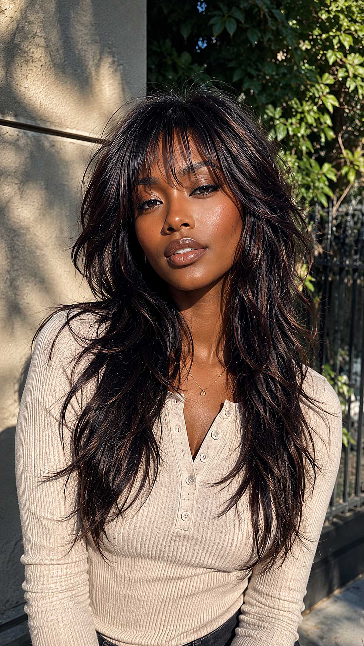 Black layered shag with face framing and sun highlights