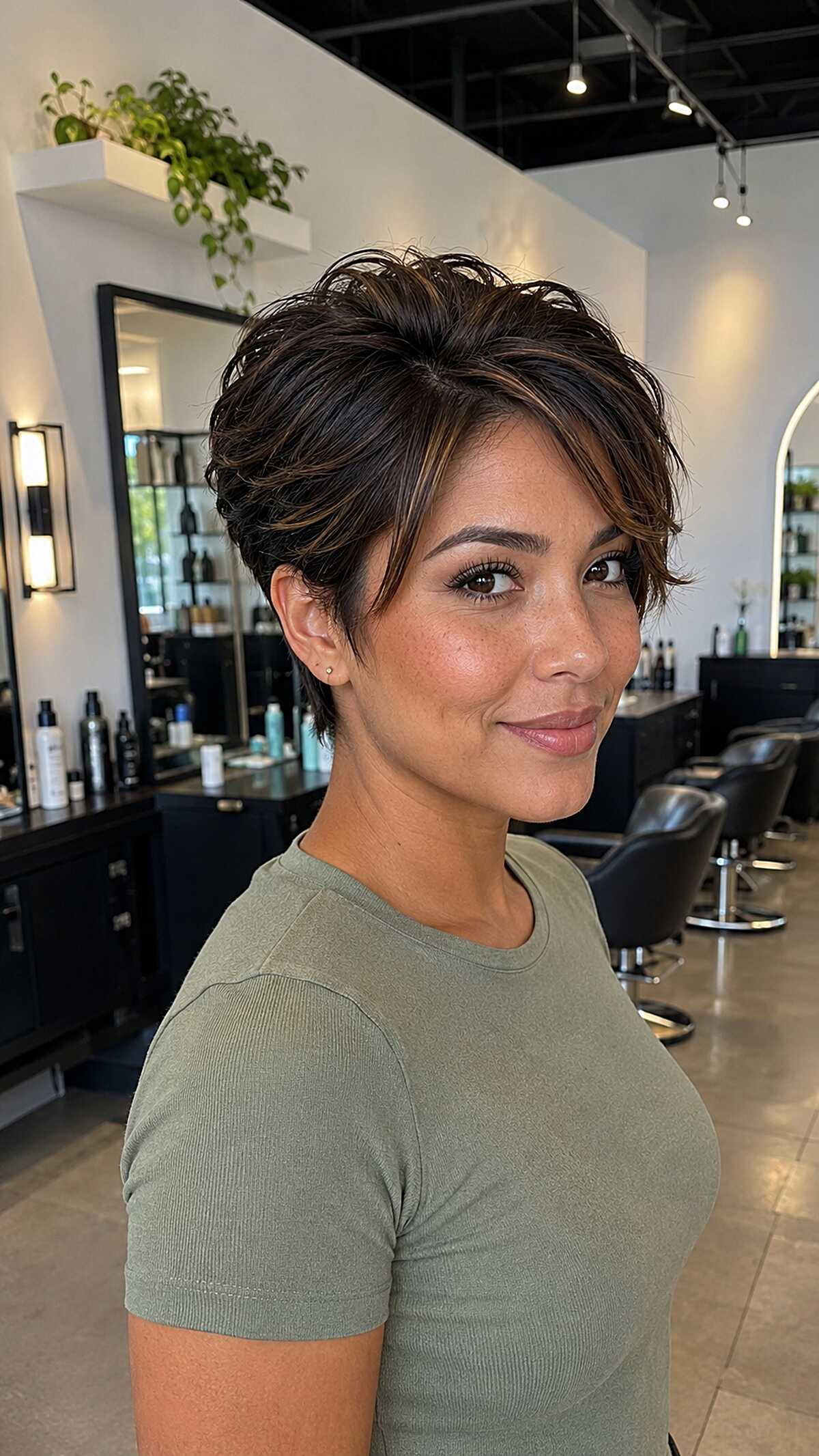 Swept-Back Brunette Pixie with Subtle Warm Ribbons