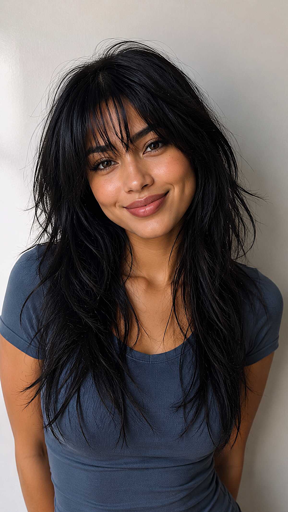 Black long shag with full textured bangs and waves