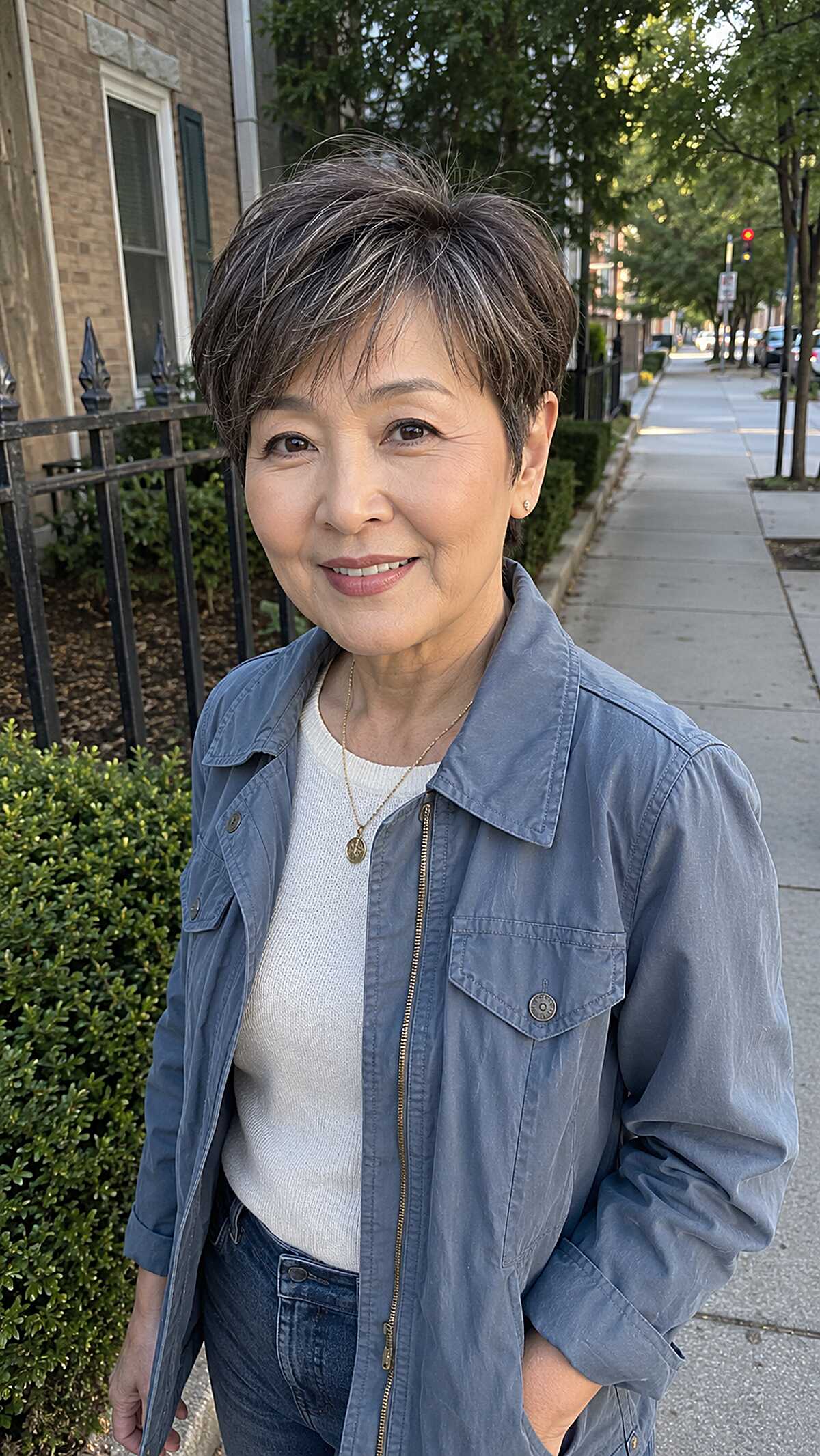 Textured dark pixie cut with natural grey streaks