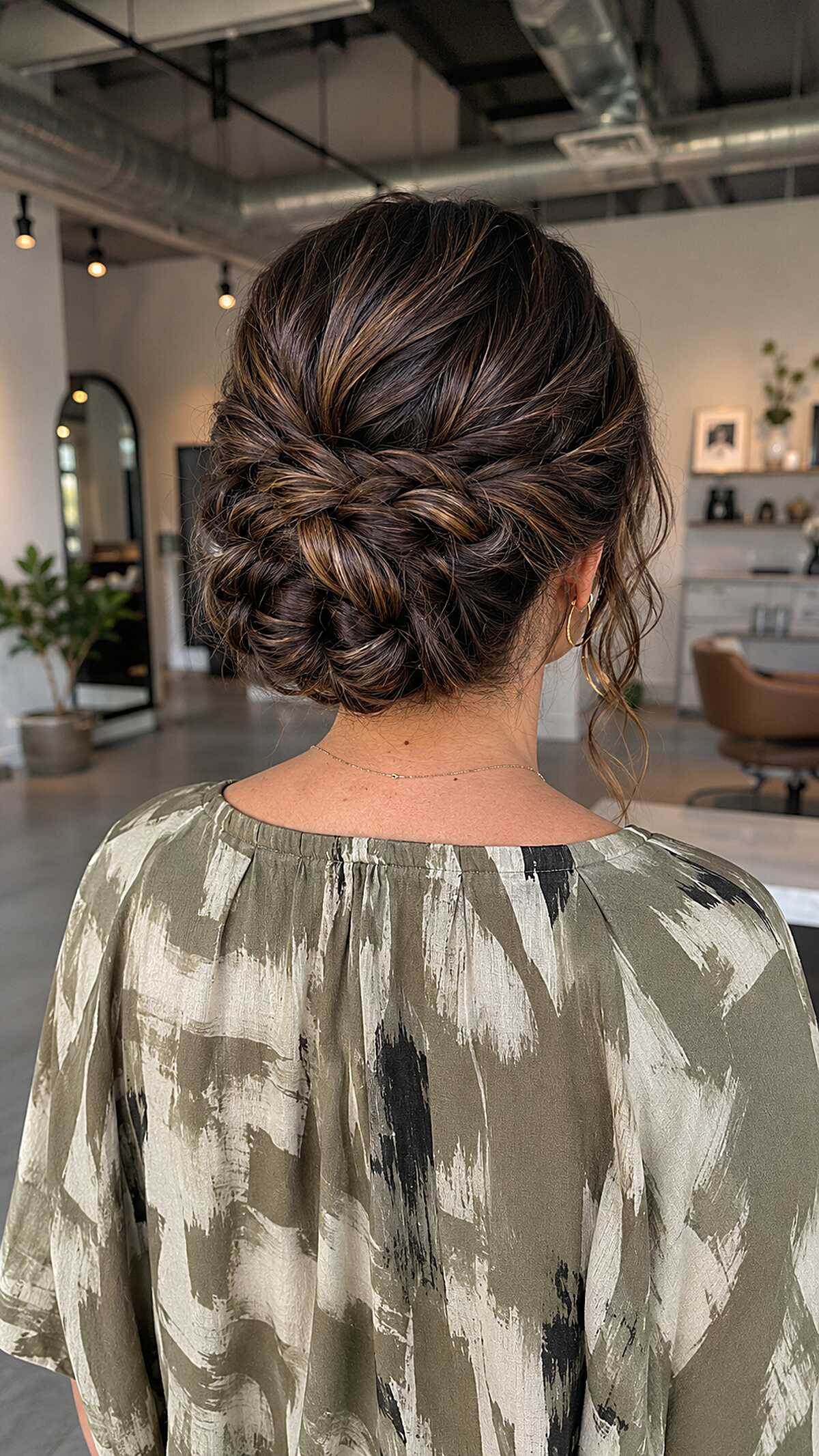 Textured braided low bun updo with caramel highlights