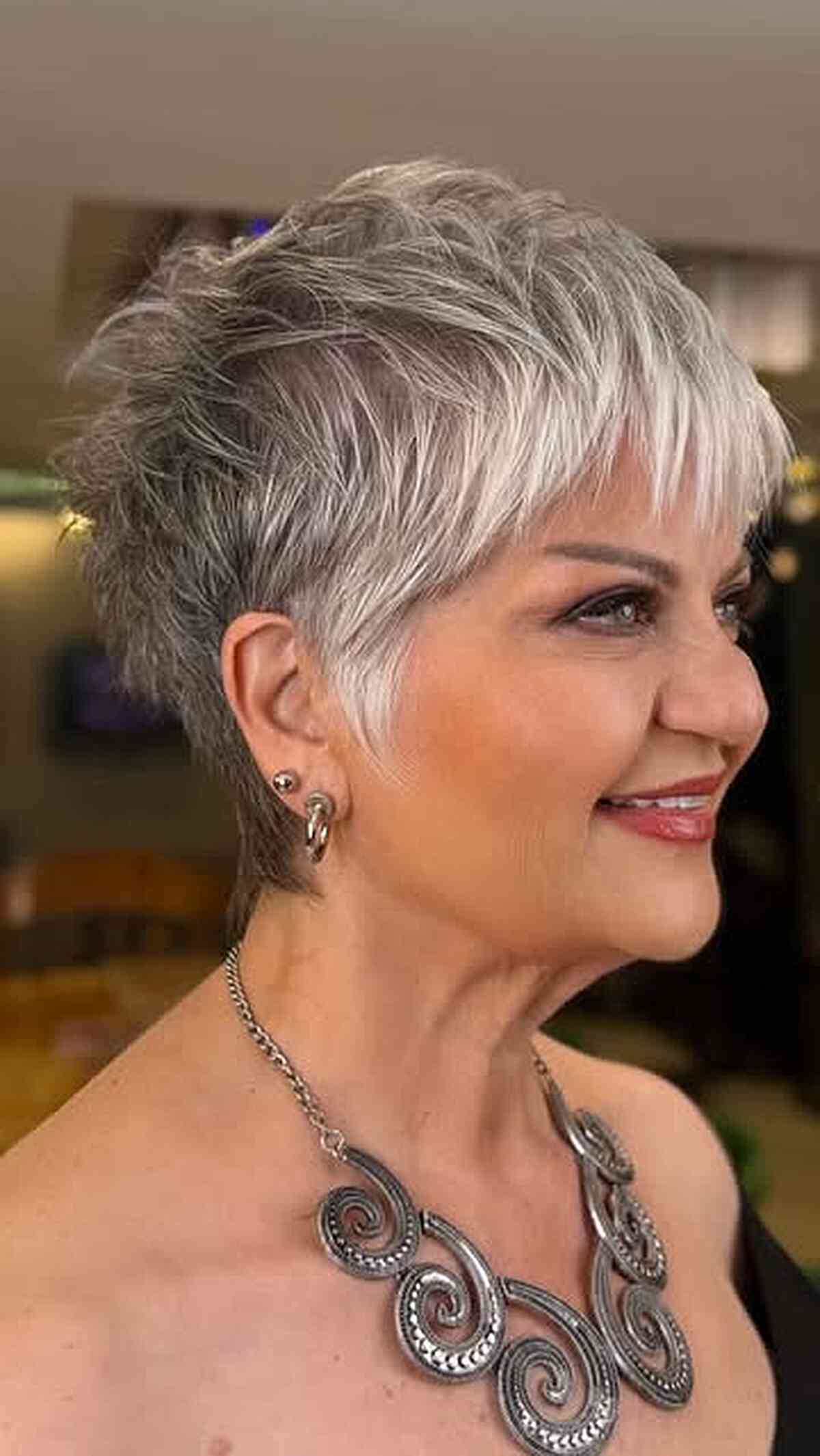 Textured Silver Pixie Cut with Bold Fringe