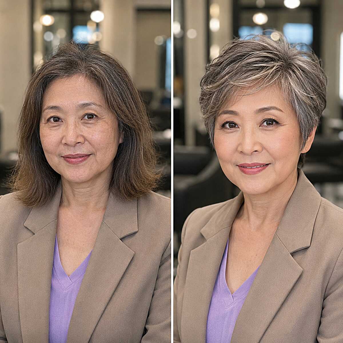 Before and after from long hair to short silver pixie