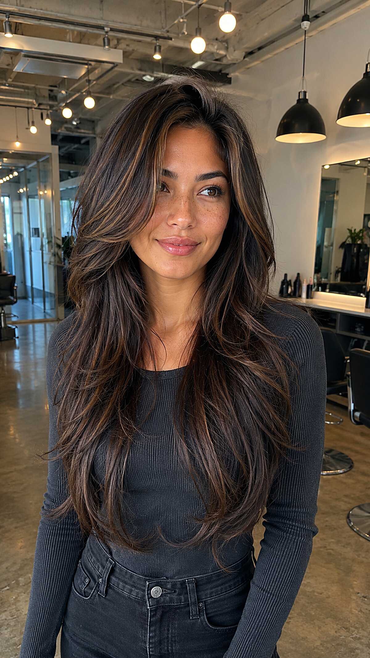 Long tousled brunette layers with caramel highlights
