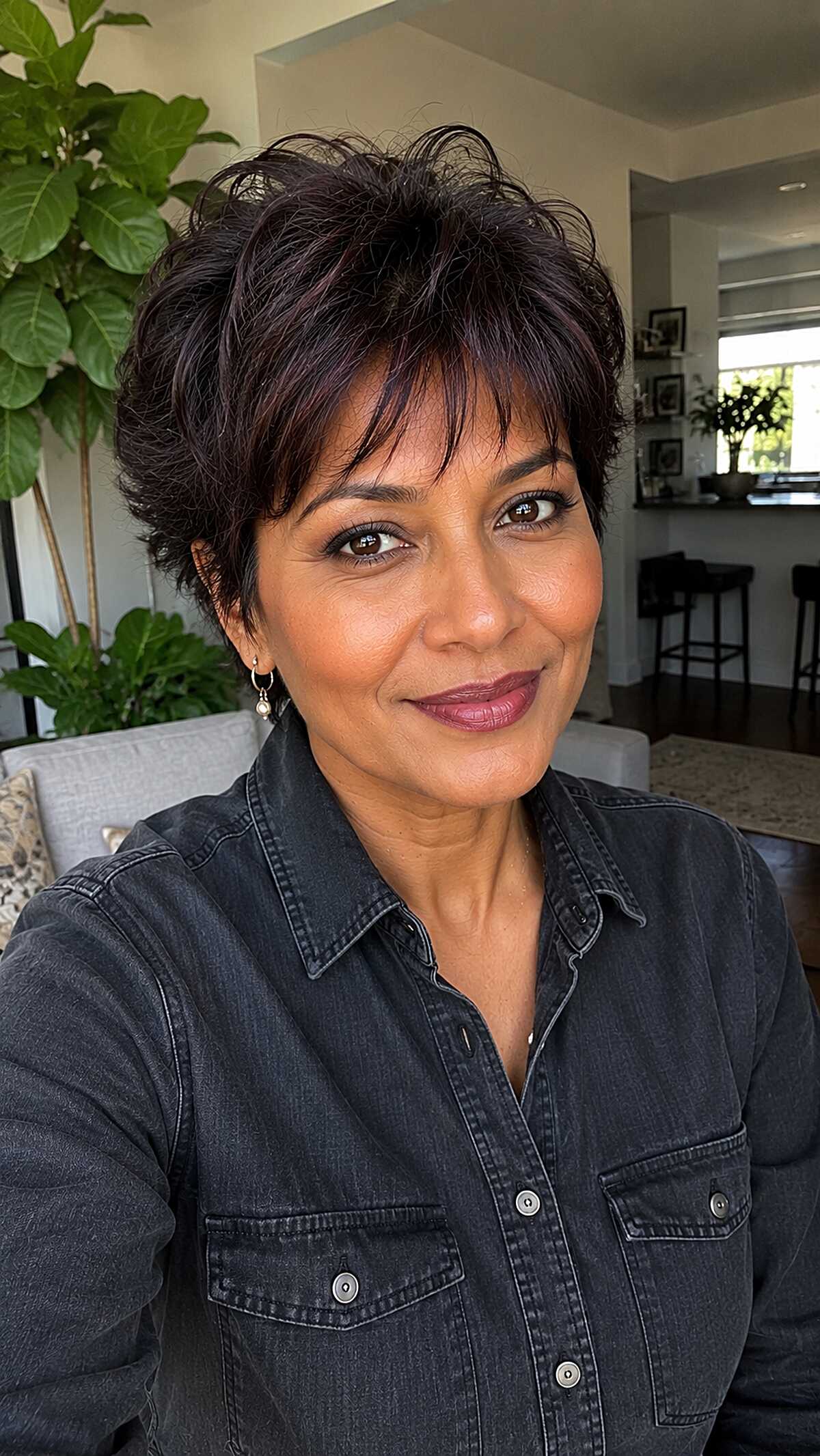 Tousled Dark Plum Pixie with Piecey Crown Volume
