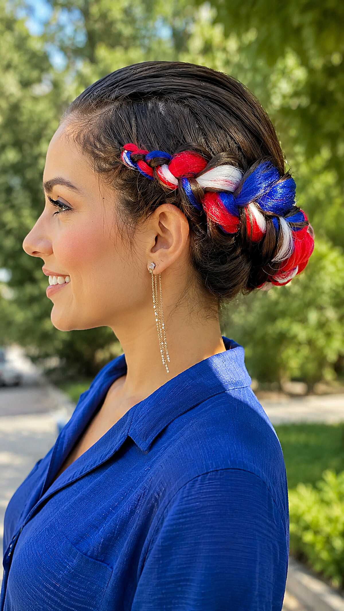 Tricolor Braiding Hair Wrapped into a Low Tucked Bun
