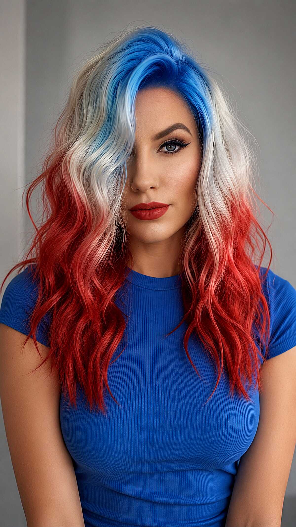 Tricolor Gradient Waves with Blue Root Shadow and Red Dip Dye