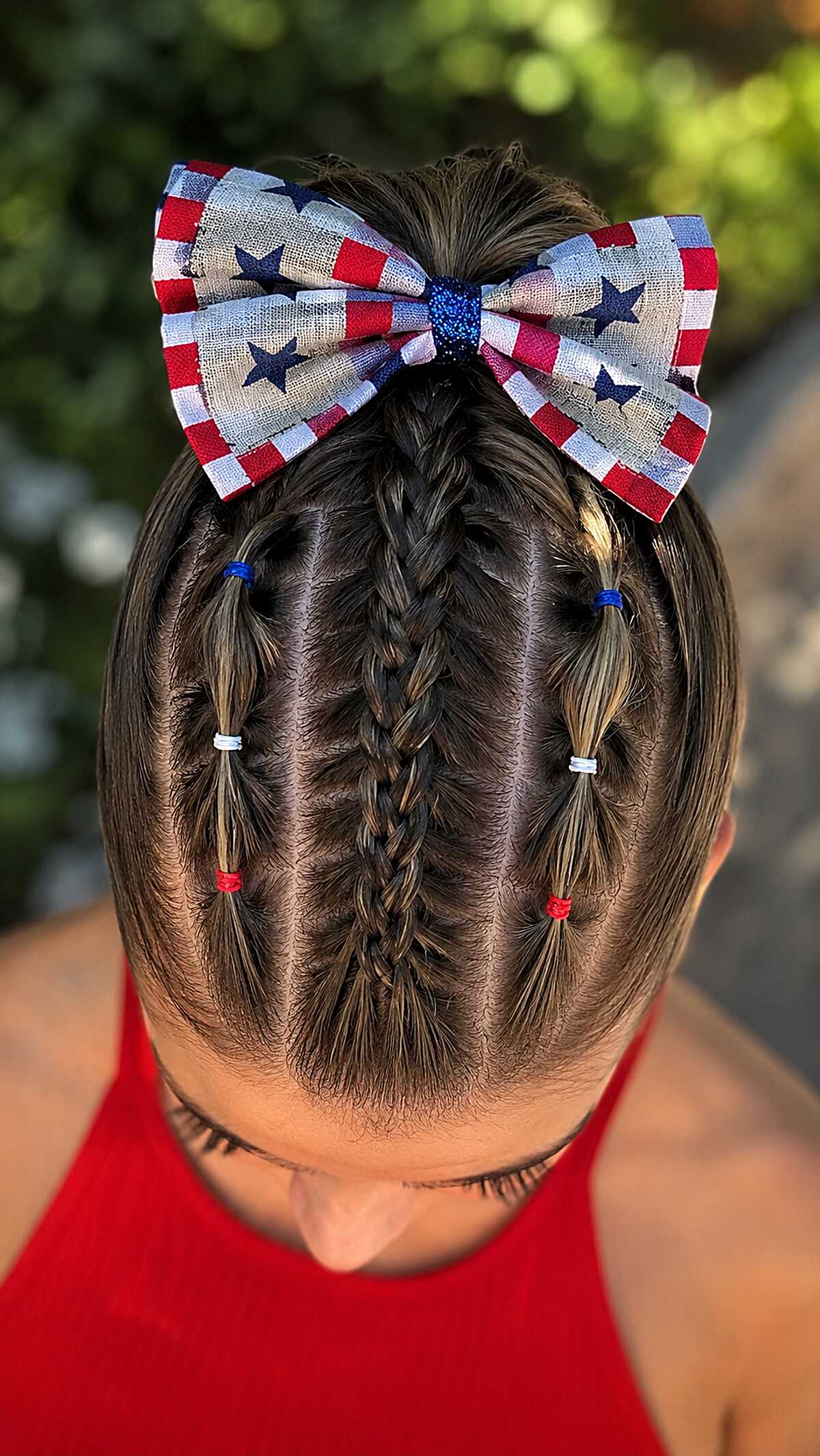 Triple Reverse French Braids with Flag Bow Ponytail