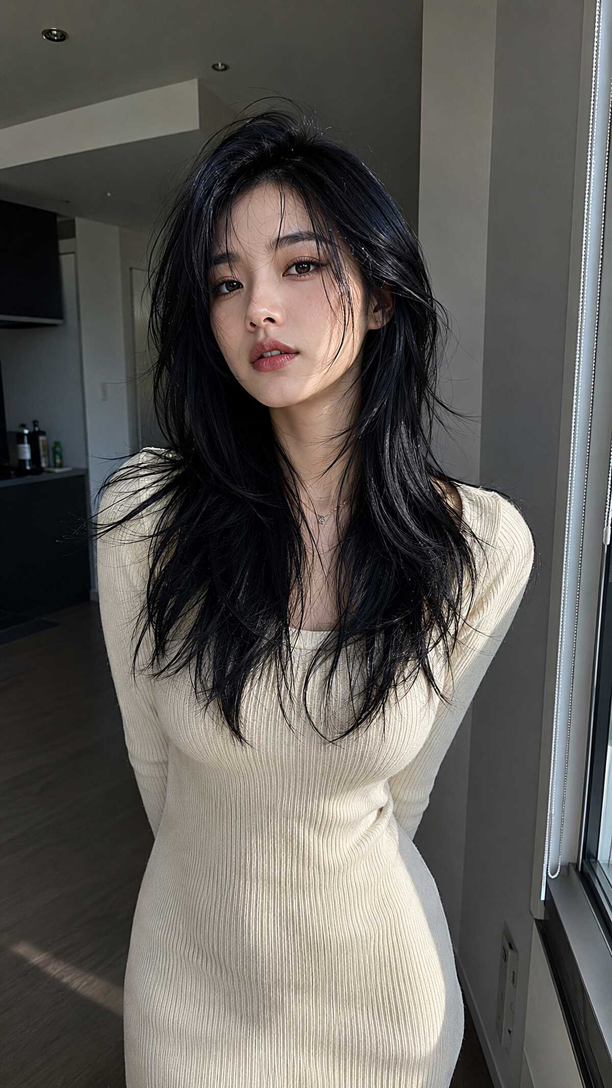 Jet black long hair with soft layers and side part