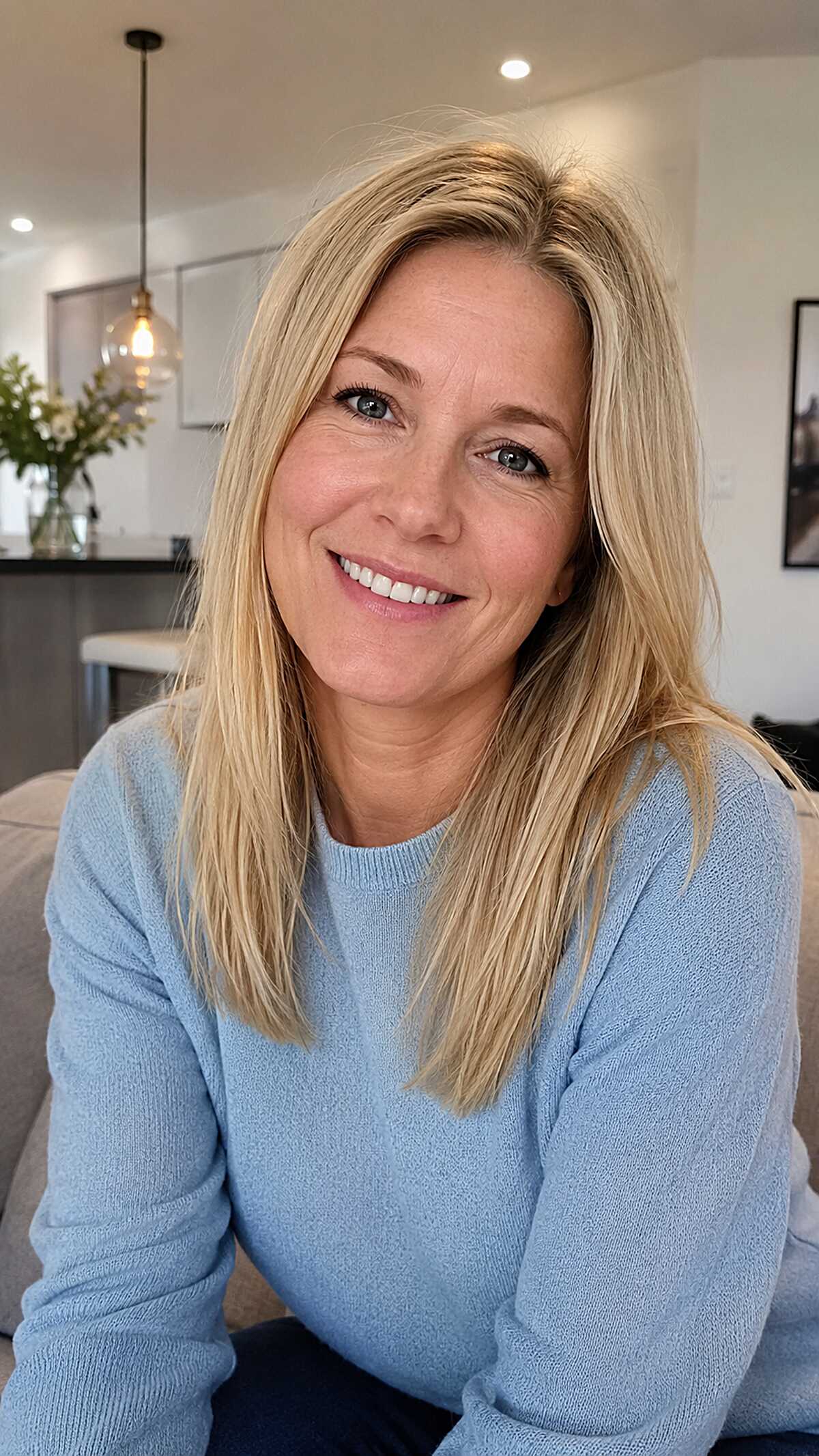 Warm Blonde Collarbone Layers with Undone Center Part