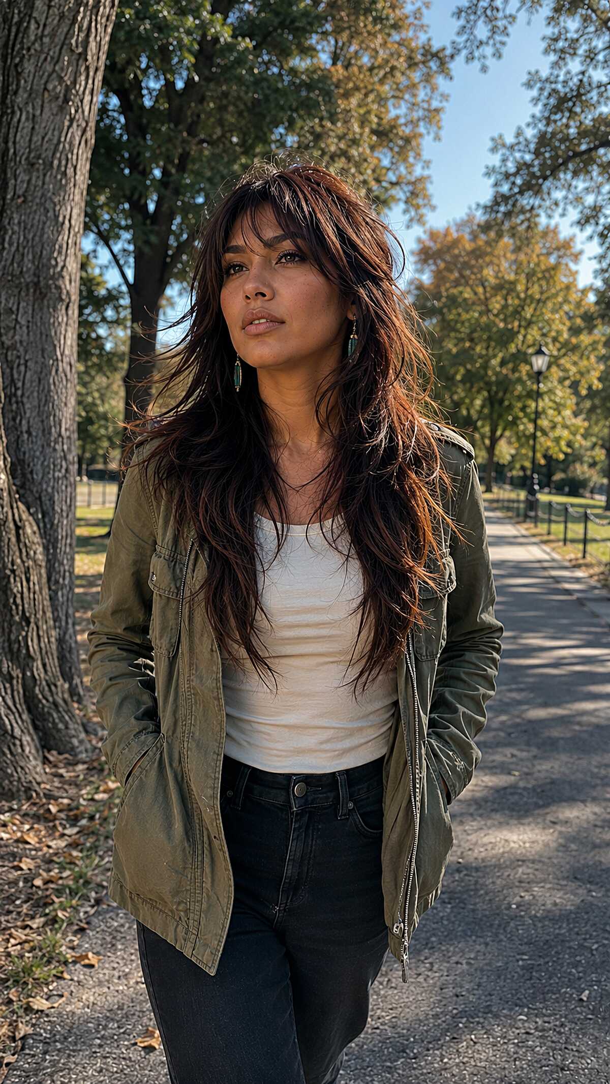 Long chestnut brown wolf cut with bangs outdoors