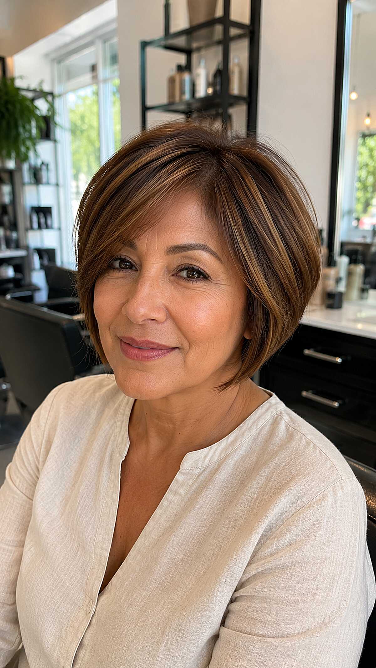 Warm Honey Highlighted Bob with Swept Fringe