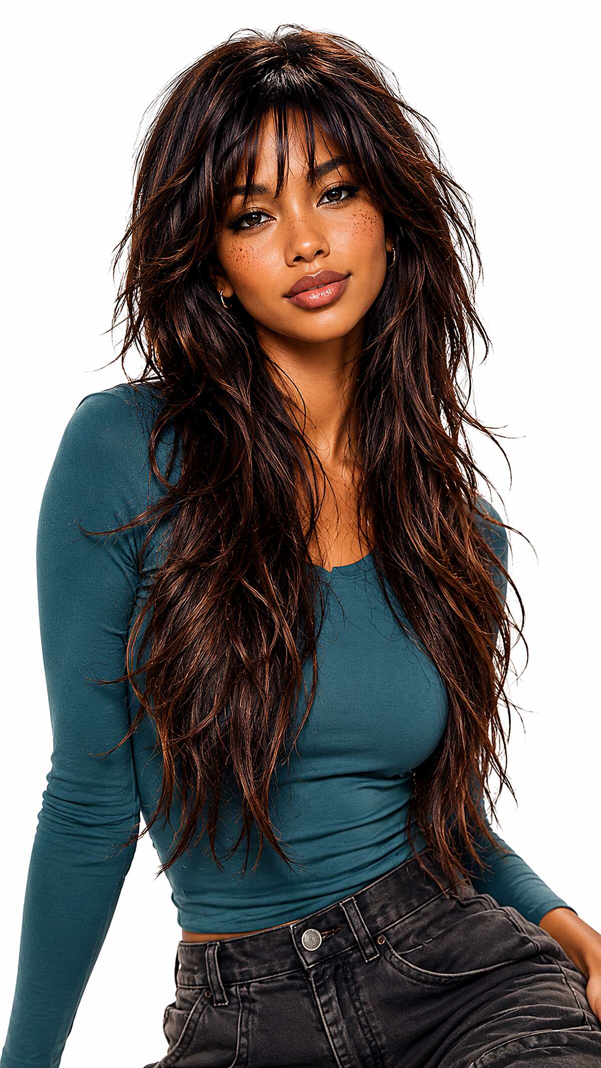 Long wild textured shag with bangs in deep mocha