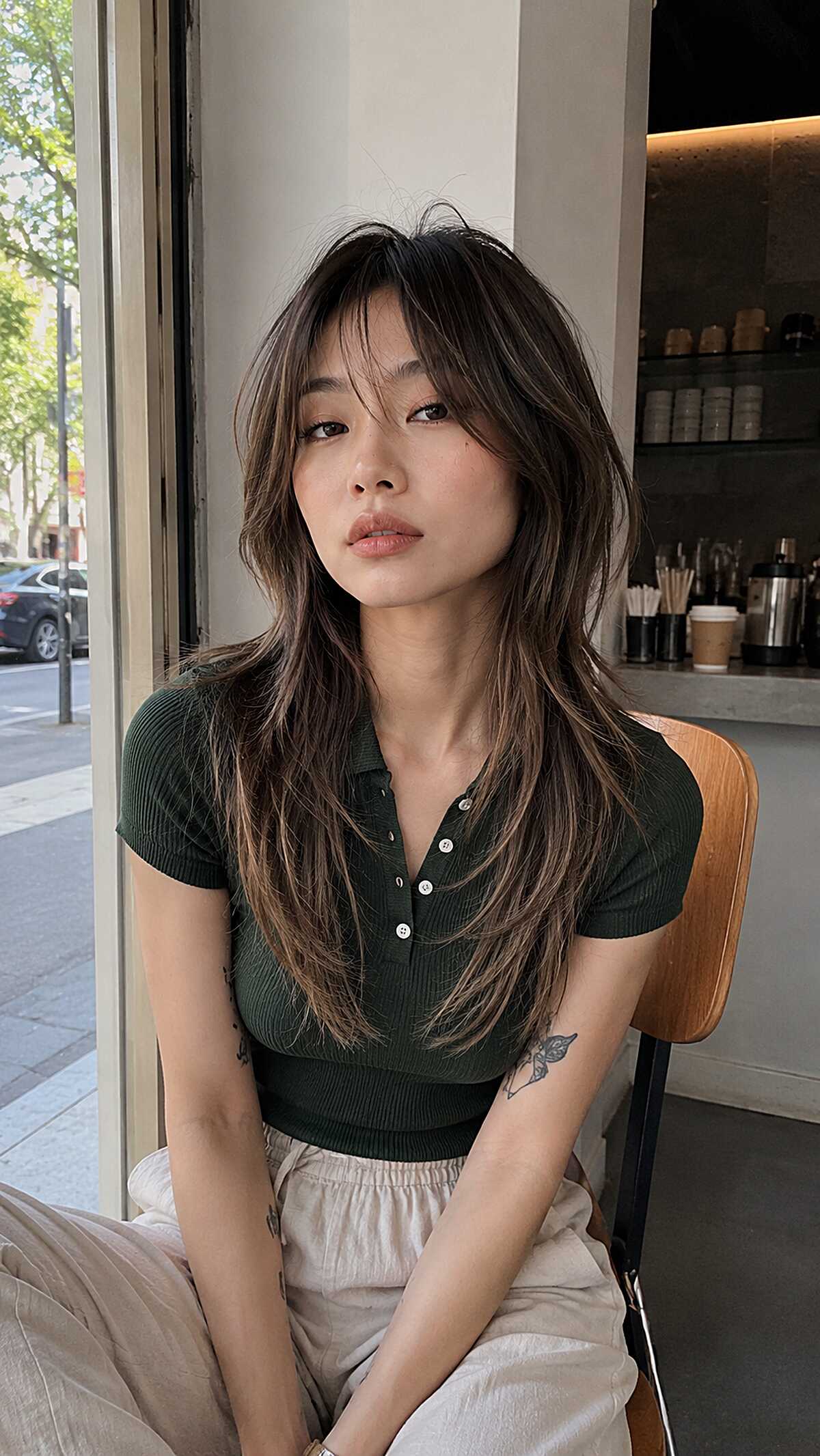 Dark brunette layered cut with wispy curtain bangs