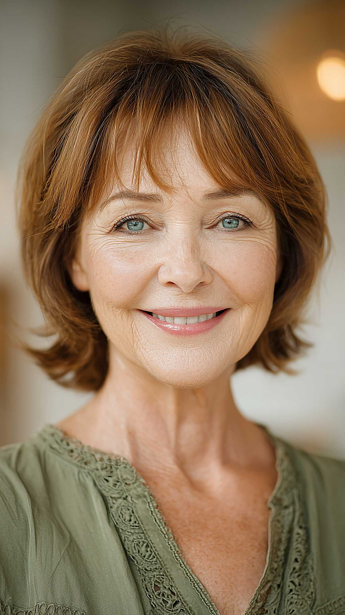 Auburn Copper Chin-Length Layers with Wispy Fringe