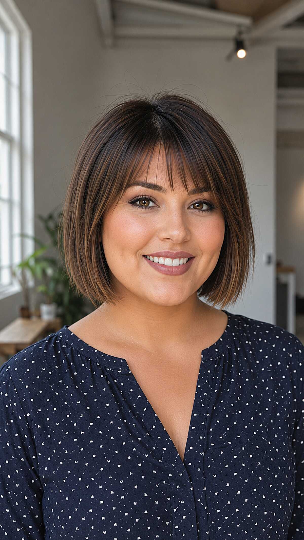 Blunt brunette chin-length bob with soft fringe bangs