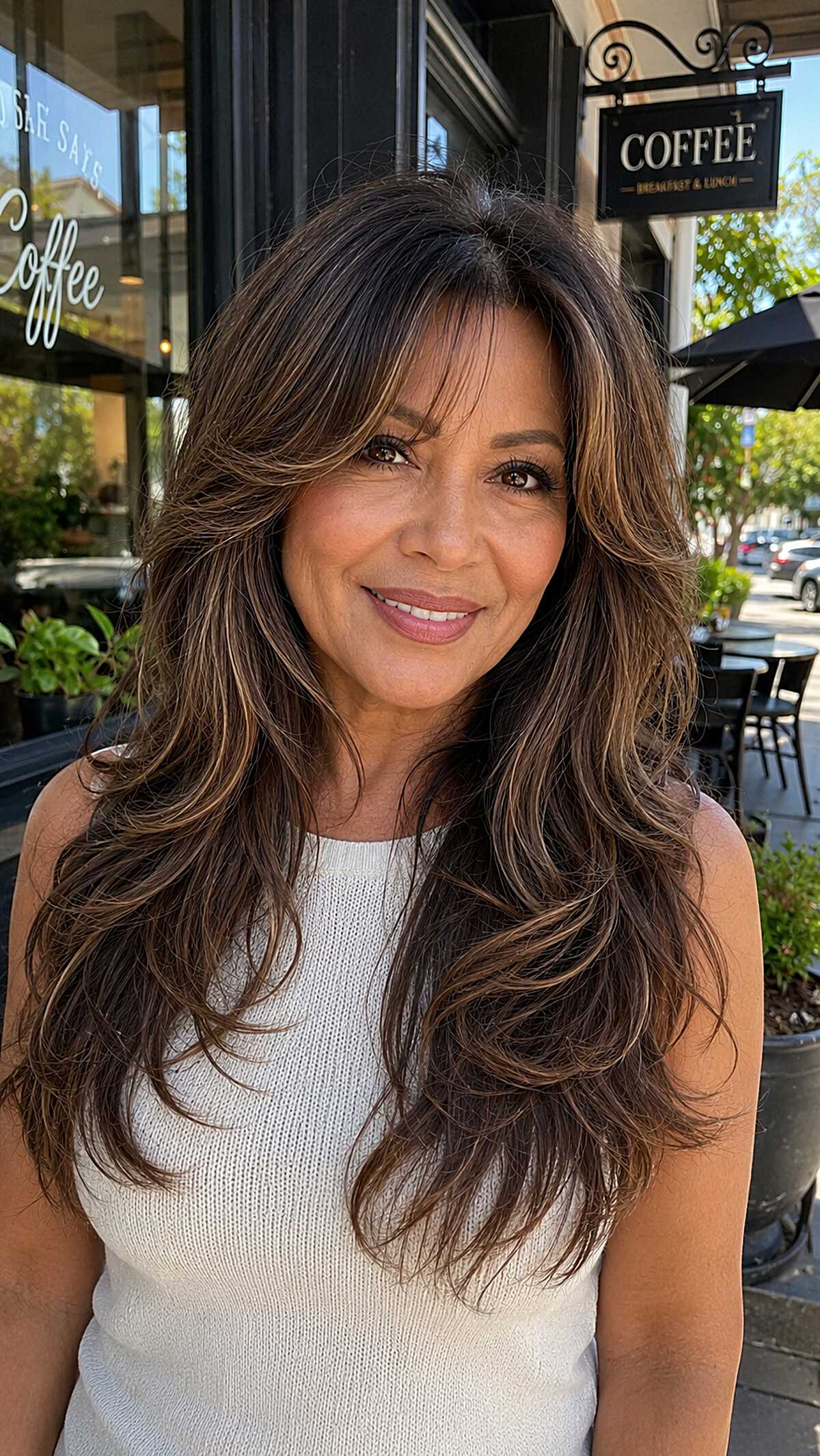 Bouncy Brunette Blowout with Honey Balayage and Layered Curtain Fringe